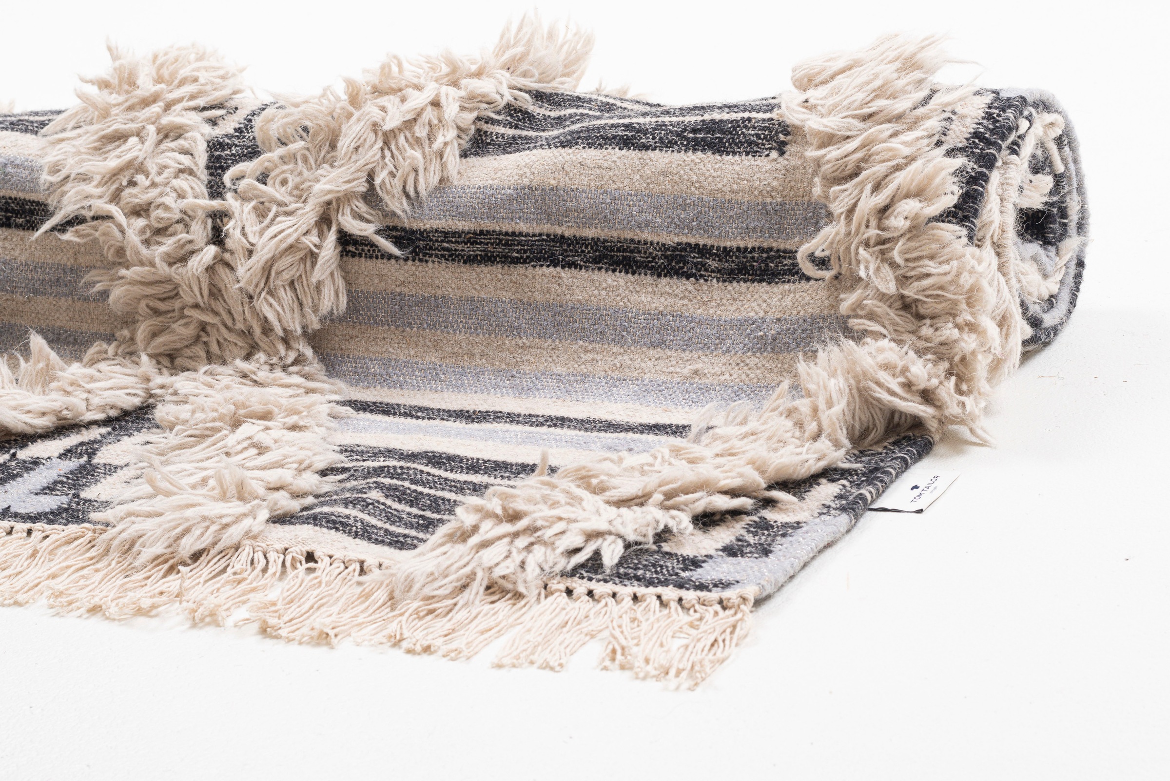 Teppich TOM TAILOR HOME "Cozy Kelim" Gr. 3, schwarz (schwarz, weiß), B:140cm H:5mm L:200cm, Wolle, Teppiche, Teppich, handgewebt, mit Fransen, Boho-Style 3