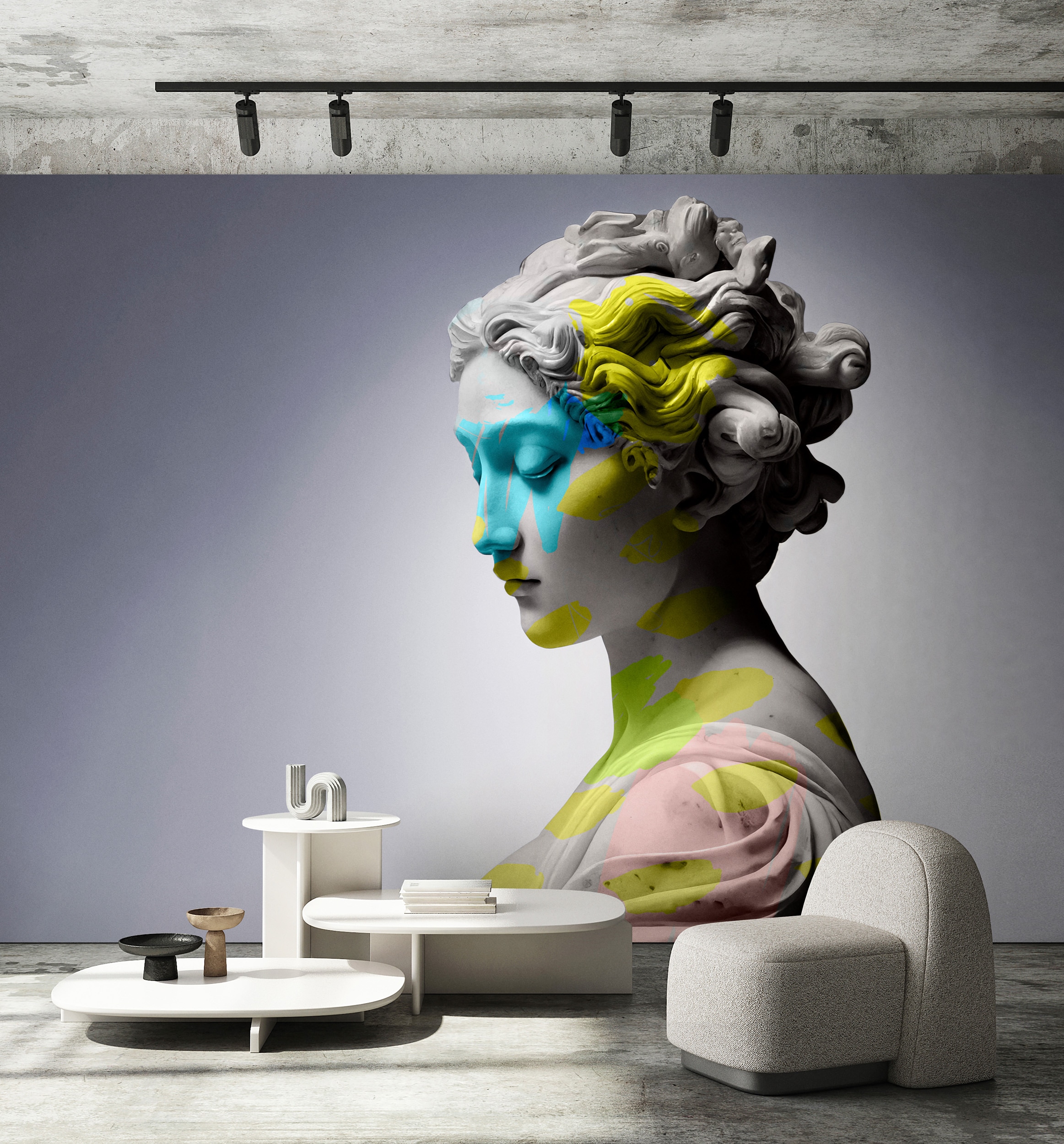 living walls Vliestapete "Fototapete Antike Skulptur Pop-Art Stil Grau Bunt" matt glatt