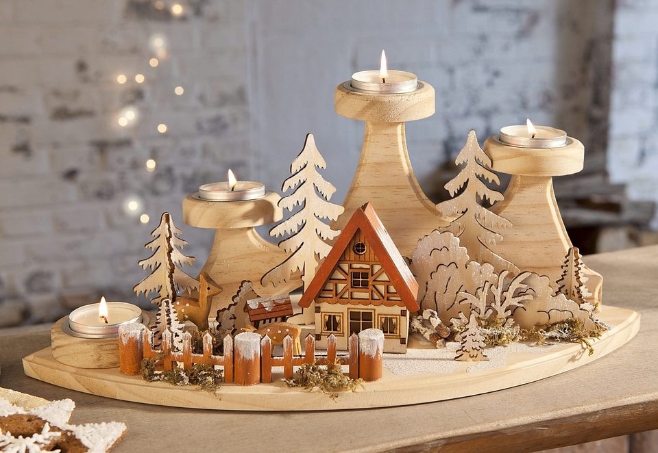 Home affaire Teelichthalter »Winterlandschaft, Weihnachtsdeko aus Holz«, (1  St.), Adventsleuchter für 4 Teelichter, Breite ca. 37 cm | BAUR | Teelichthalter