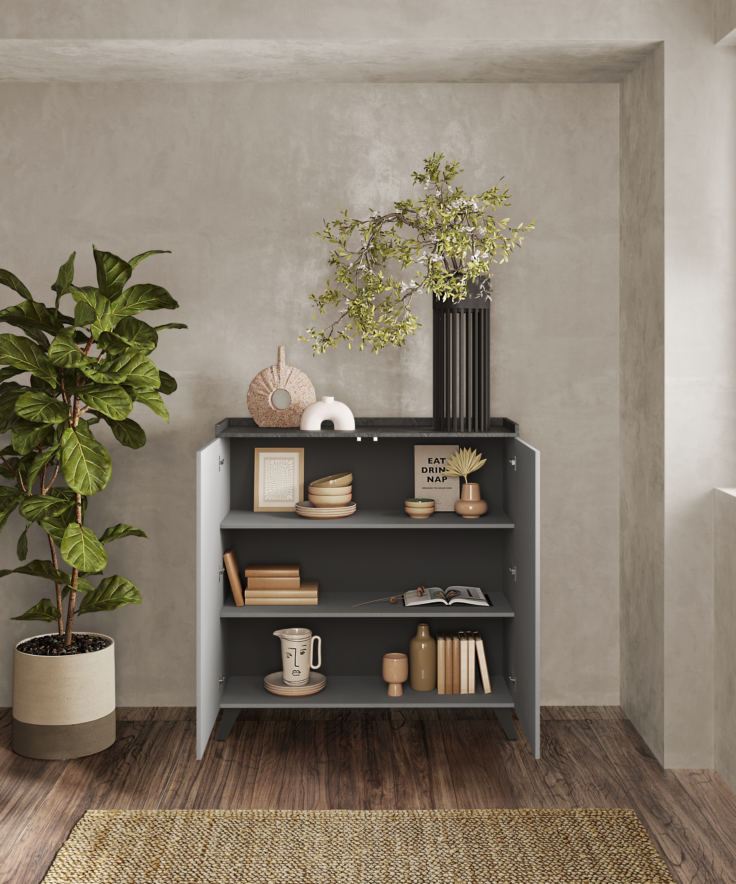 INOSIGN Highboard »Tray, Breite 121, Höhe 126 cm mit 2 Türen«, Top "Tablet", Push-to-open Funktion
