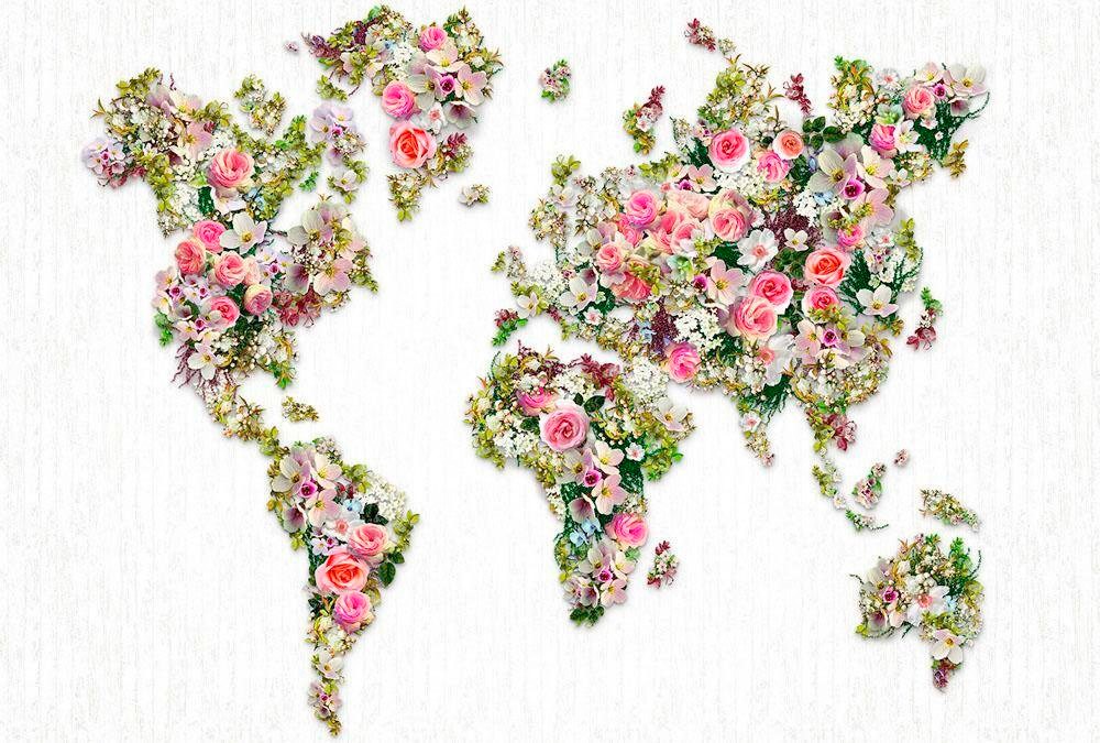 living walls Vliestapete "Weltkarte aus Rosen Vlies" glatt Blumige Fototapete Landkarte Floral 4,00m x 2,70m Weiß Grün Rosa