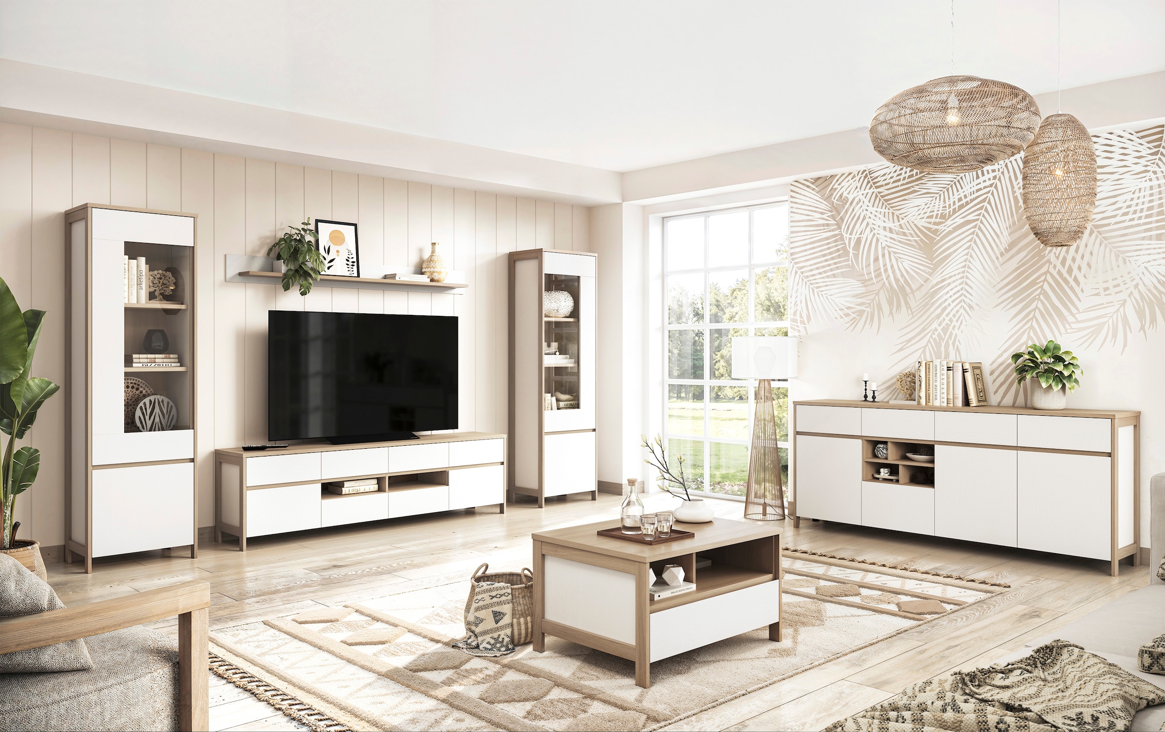 Home affaire Wohnwand »Stranda, moderne Anbauwand, Komplettset im Scandi-Style«, (4 St.), enthält zwei Vitrinen, Lowboard und Wandboard, 344 cm breit
