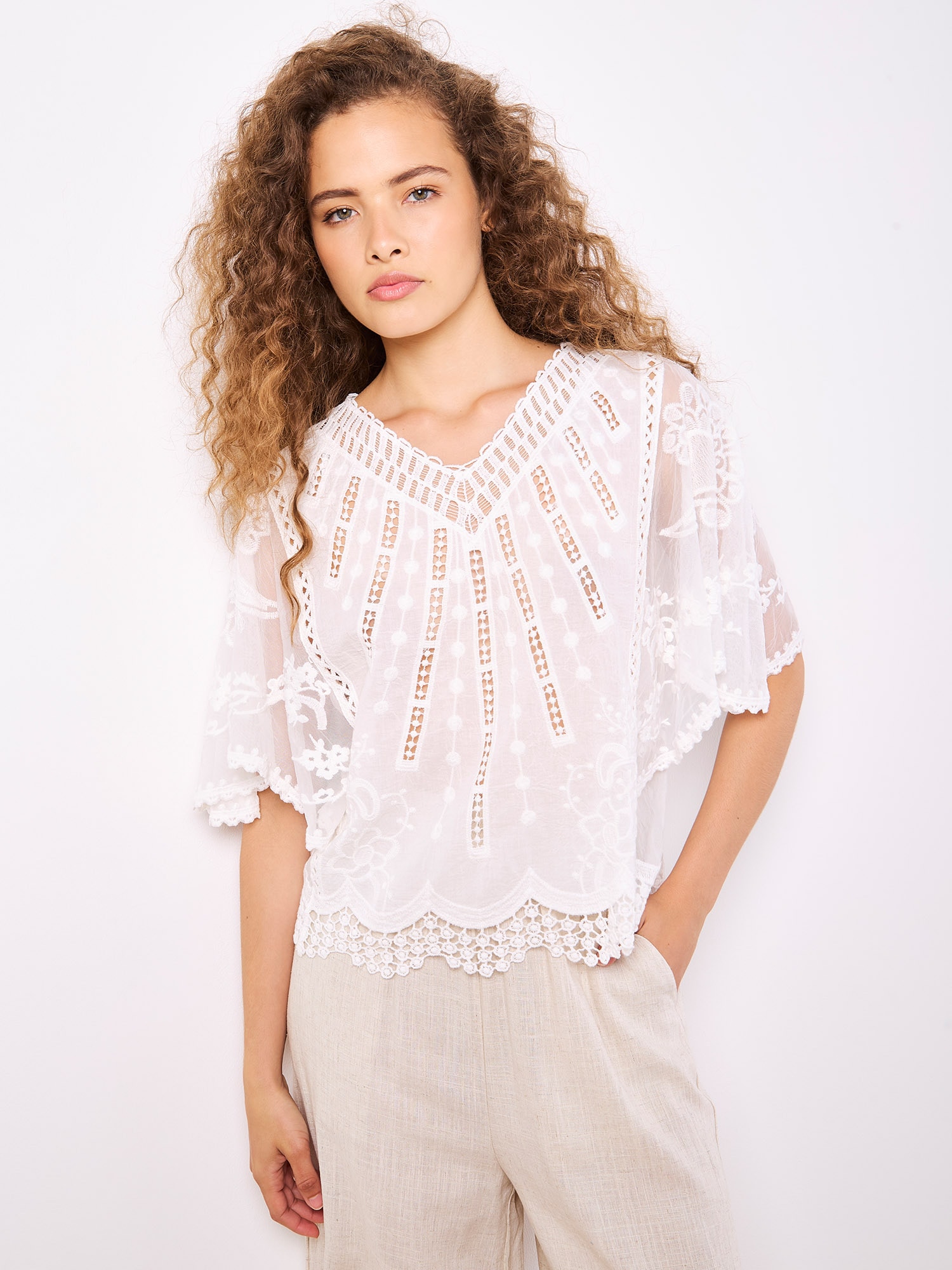 Apricot Shirtbluse "Baumwoll-Mesh-Top" mit Stickerei