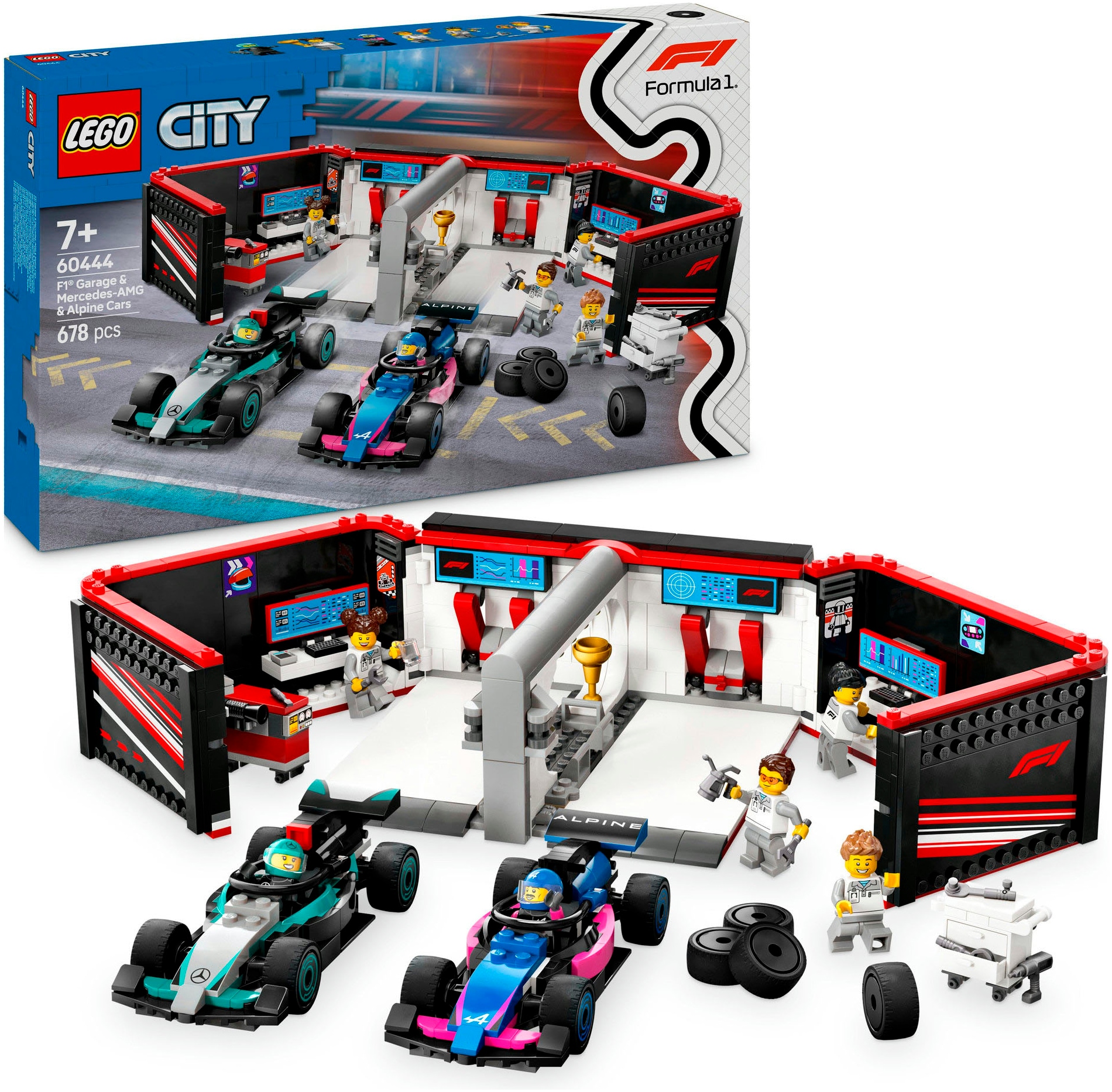 LEGO Kinder Konstruktionsspielsteine "F1 Garage mit Mercedes-AMG & Alpine Rennautos (60444), LEGO City", bunt, Kunststoff, Spielbausteine, Made in