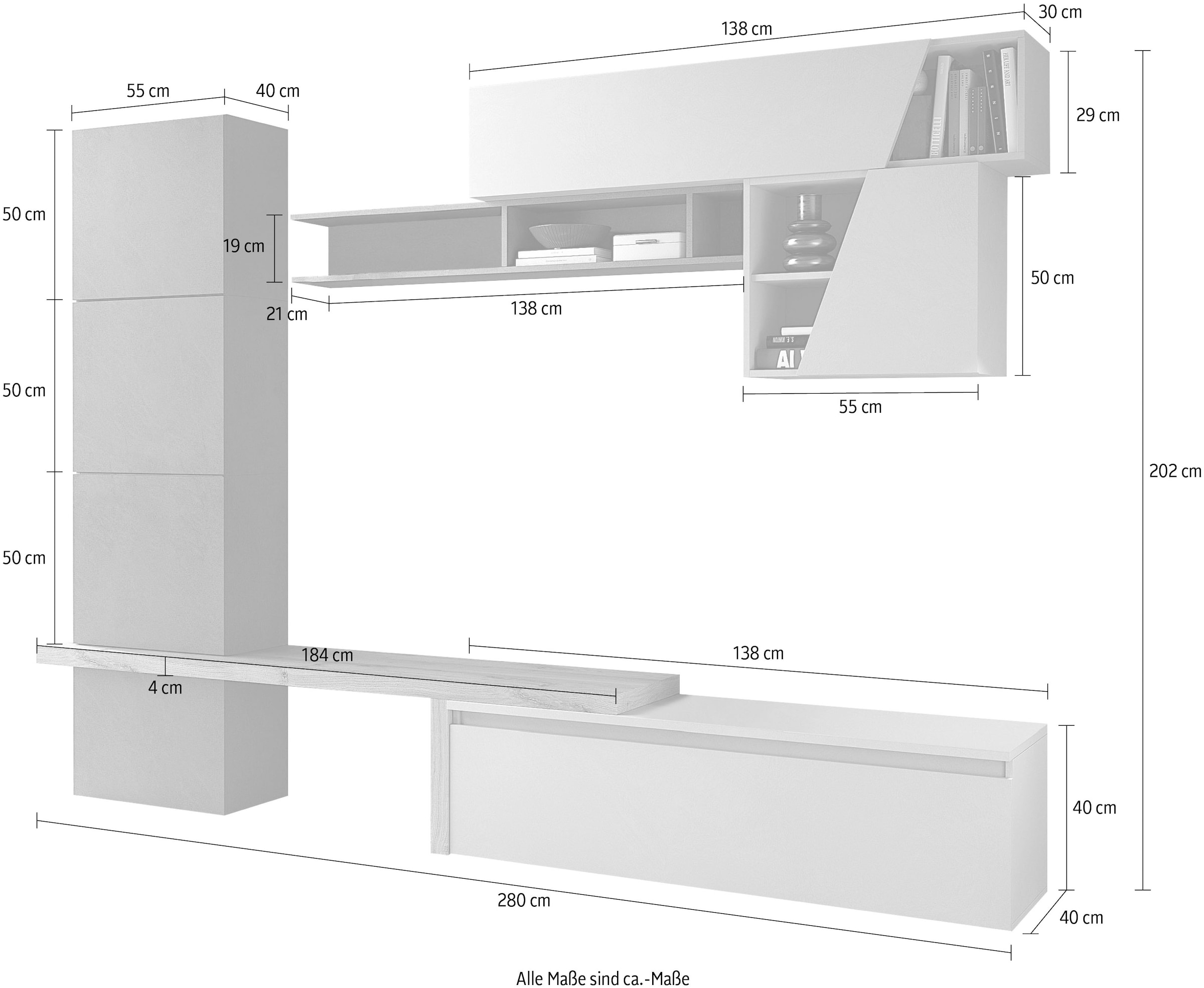 INOSIGN Wohnwand »INFINITY, 9tlg. Breite 280 cm, moderne Mediawand (Lowboard,«, (9 St.), T-Boden, 4x Hängewürfel, Würfel-Element, Wandregal, Hängeschrank)