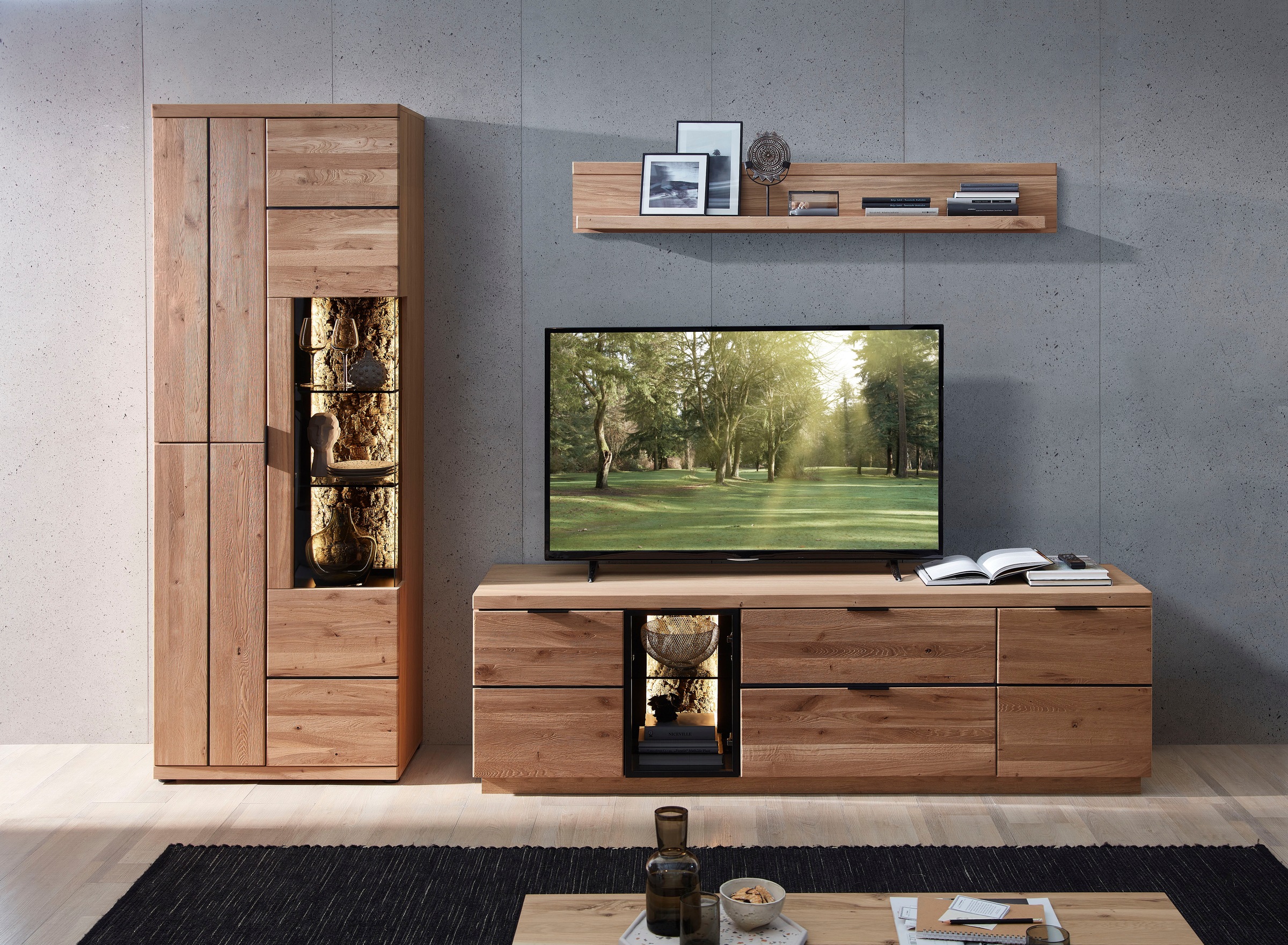 Wohnwand INNOSTYLEwildeiche bianco, absetzung anthrazit, ABS-Kunststoff, Aluminium, Glas, Holzwerkstoff, Kork, Massivholz, Wohnzimmer,