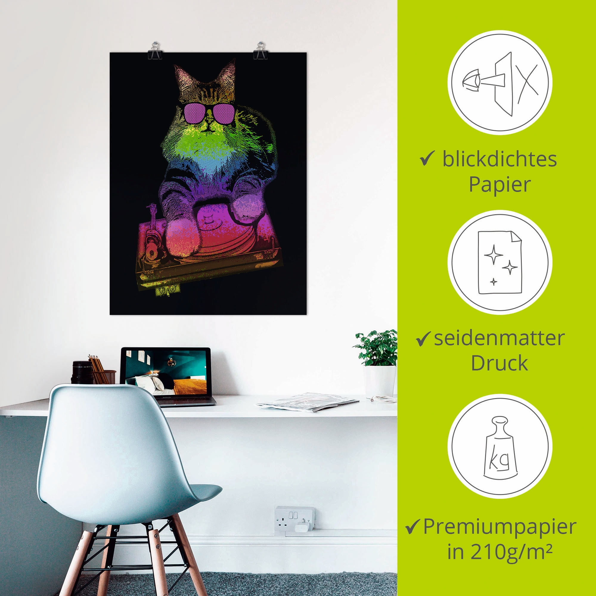Artland Wandbild »Witzige DJ Katze Party Musik«, Humor, (1 St.), als Alubild, Leinwandbild, Wandaufkleber oder Poster in versch. Größen