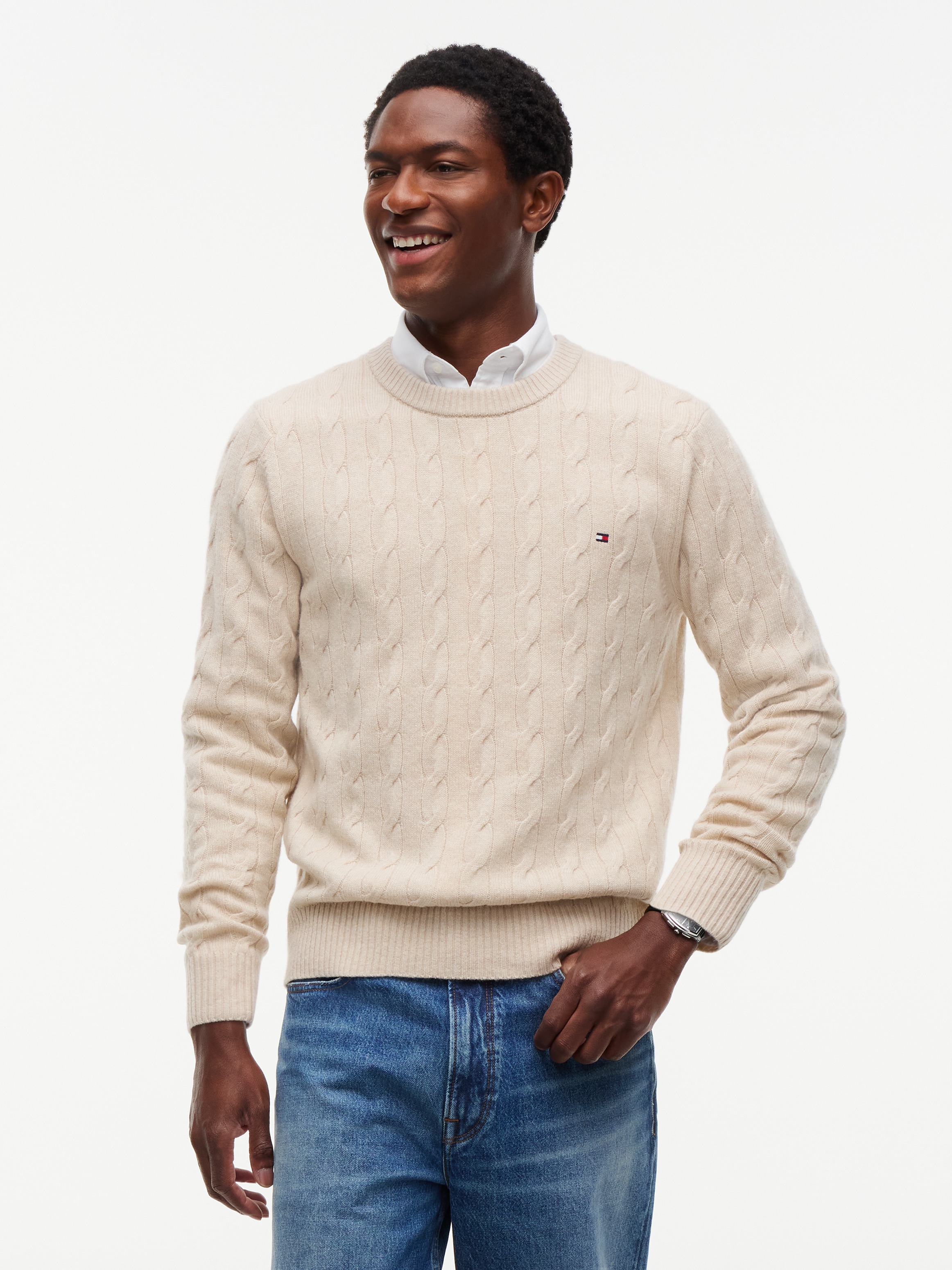 Tommy Hilfiger Rundhalspullover "LAMBSWOOL CABLE CREW" aus reiner Lammwolle mit Zopfmuster