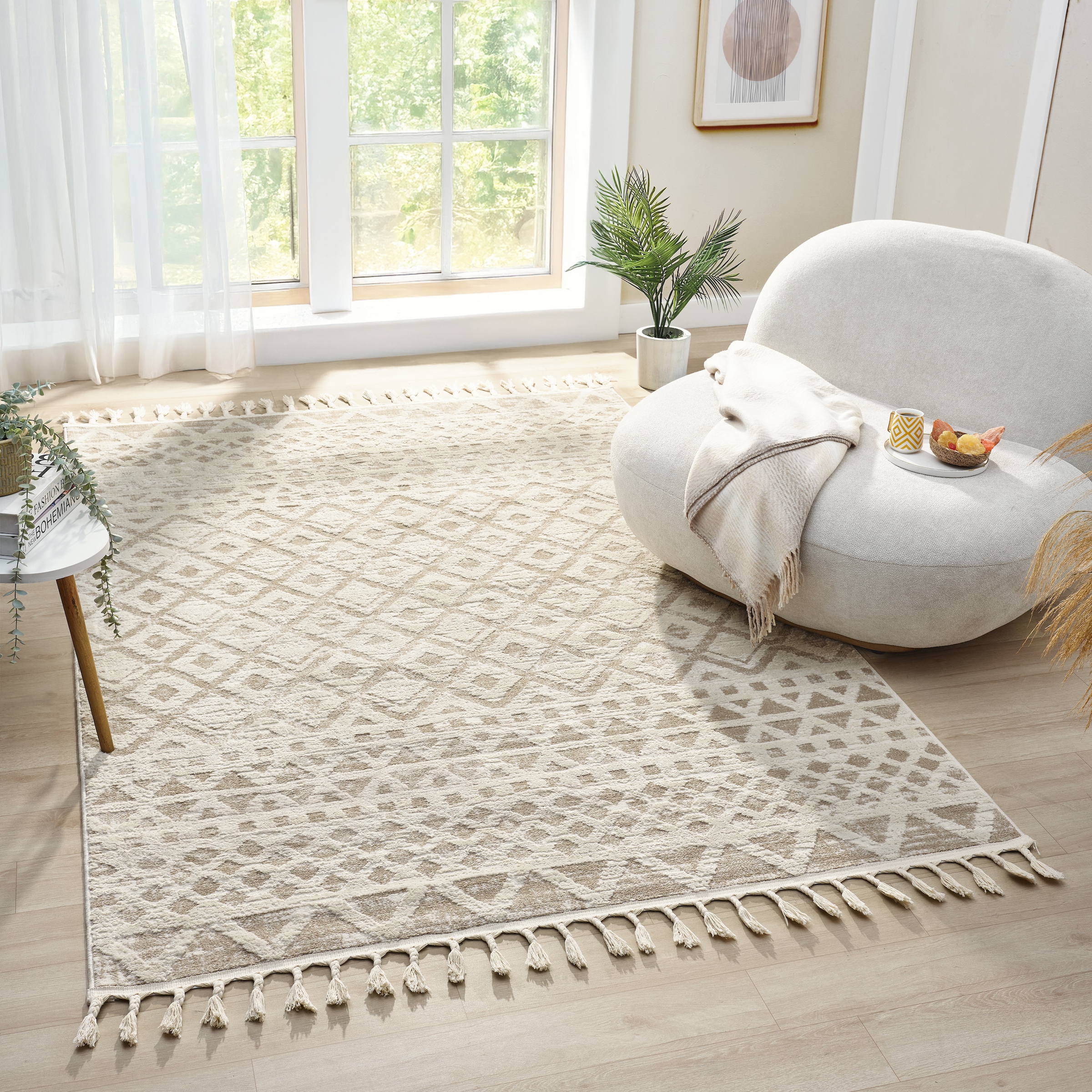 my home Teppich »Ribeyret« rechteckig 11 mm Höhe mit Fransen, Hoch-Tief-Struktur, Woll-Look, Boho-Style, Wohnzimmer