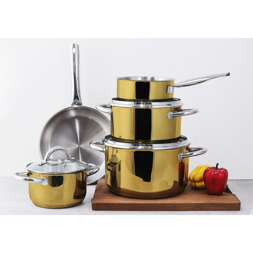 ECHTWERK Topf-Set »Gold-Edition«, Edelstahl 18/8, (Set, 8 tlg., je 1 Kochtopf 16/20/24 cm, Kasserolle 16 cm, Bratpfanne 24 cm)