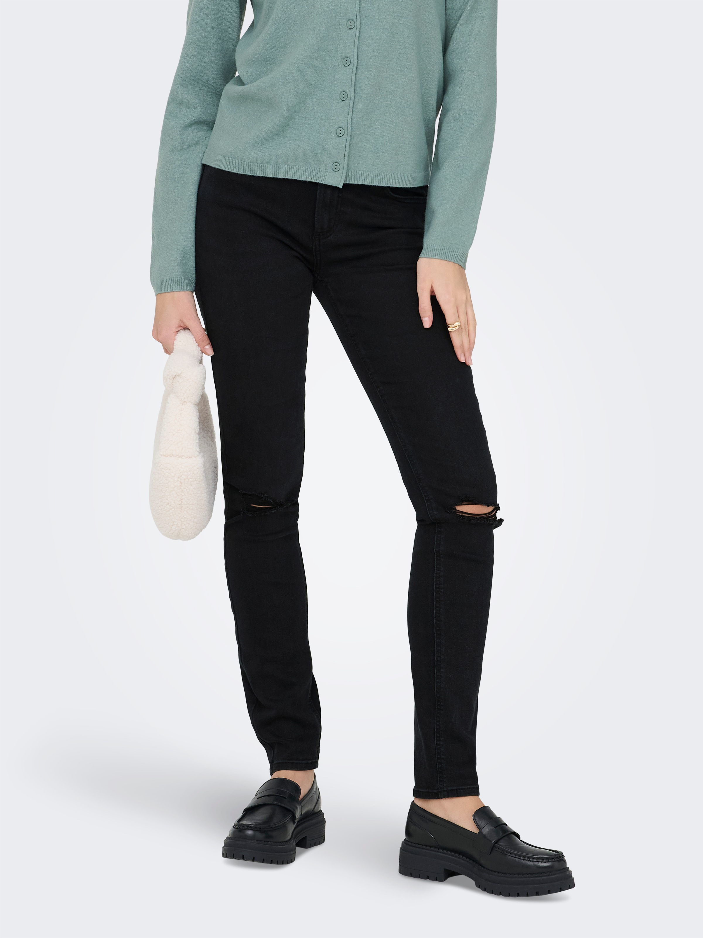 Skinny-fit-Jeans ONLY "ONLSUMI MID WAIST KNEE DES SK DNM BOX", Damen, Gr. L, Länge 30, washed schwarz, Denim/Jeans, Obermaterial: 65% Baumwolle, 18% Polyester, 15% Viskose, 2% Elasthan, Destroyed-Effekte, unifarben, skinny fit lang, Jeans, Destroyed Effek