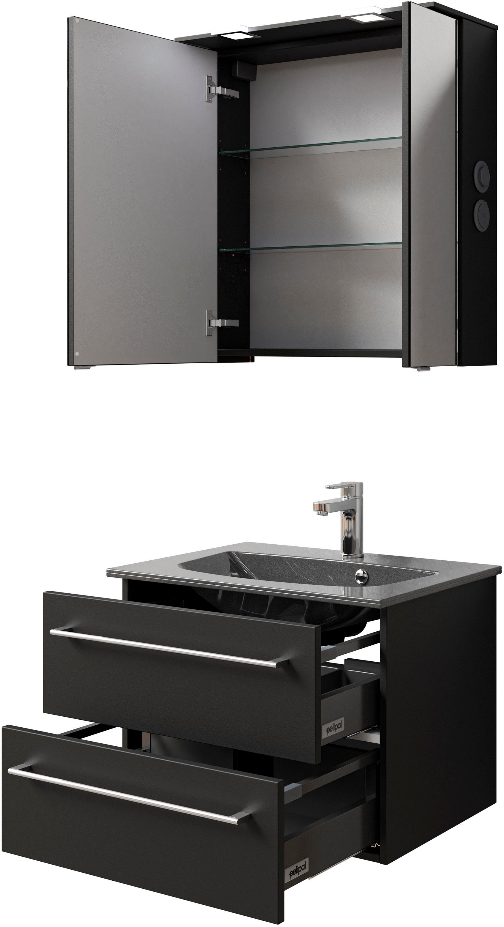 Saphir Badmöbel-Set »Serie 6025 2-teilig Mineralmarmor-Waschtisch mit LED-Spiegelschrank«, (2 St.), Waschplatz 67 cm breit, 2 Schubladen, 2 Spiegel-Türen, inkl Türdämpfer