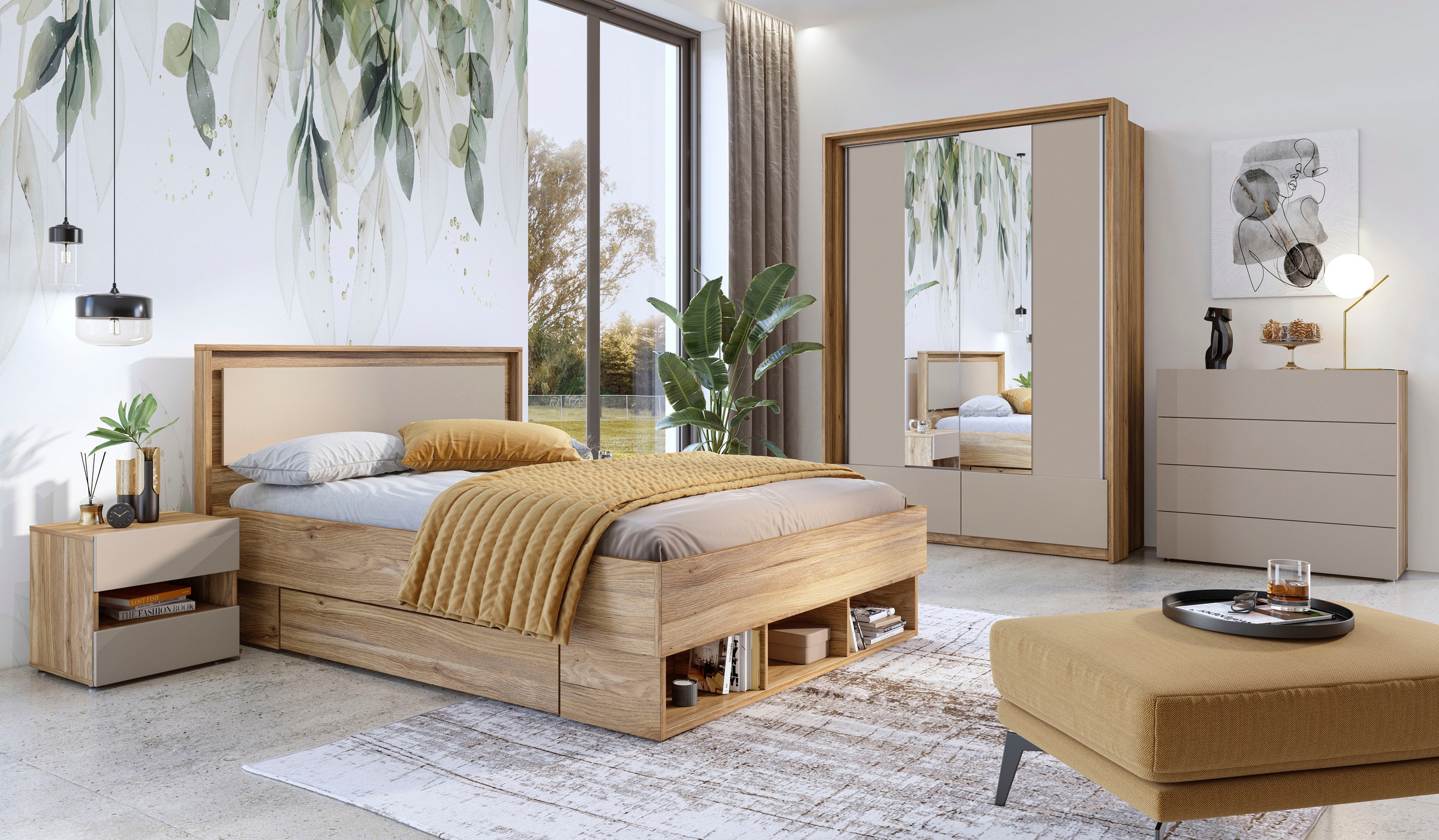 INOSIGN Bettgestell »Wharton, 140, 160 oder 180cm Breite, Made in Europe«, (mit oder ohne Stauraumschubladen), Doppelbett mit offenen Regalen, FSC-zertifizierter Holzwerkstoff