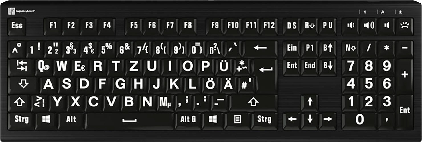 Logickeyboard Tastatur »XL-Print Astra 2 White on Black DE (PC)«, (Multimedia-Tasten-USB-Hub-Ziffernblock)