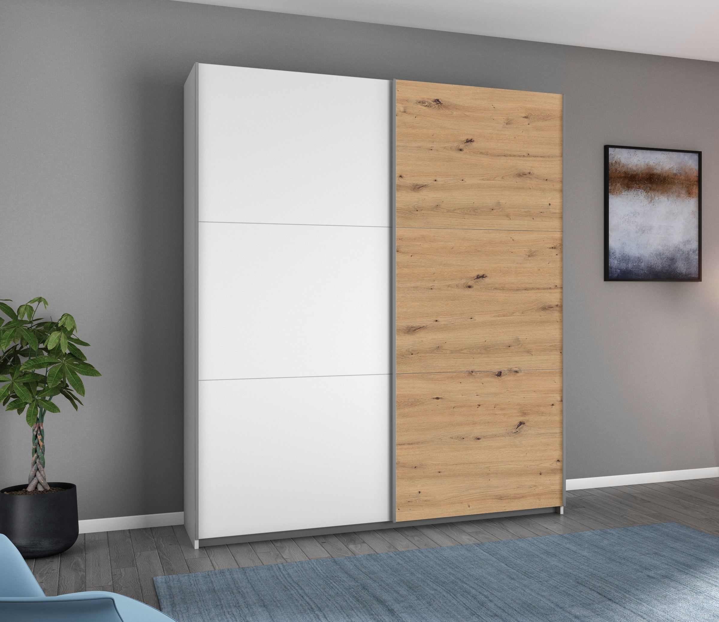 rauch Schwebetürenschrank "AURELIO Kleiderschrank Garderobe" 3 Ausstattungen BASIC/CLASSIC/PREMIUM (inkl. SOFT-CLOSE-FUNKTION), 3 verschiedene Ausstattungsvarianten Griffe aus Metall MADE IN GERMANY