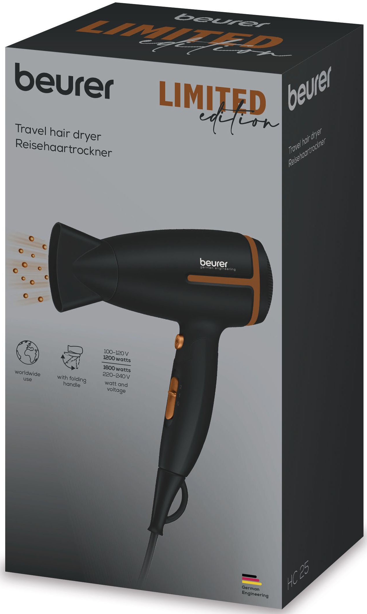 BEURER Reisehaartrockner »HC 25, klappbarer Reiseföhn mit Ionen-Technologie«, 1600 W, Spannungsumschaltung: 100-240 Volt, zur weltweiten Nutzung geeignet