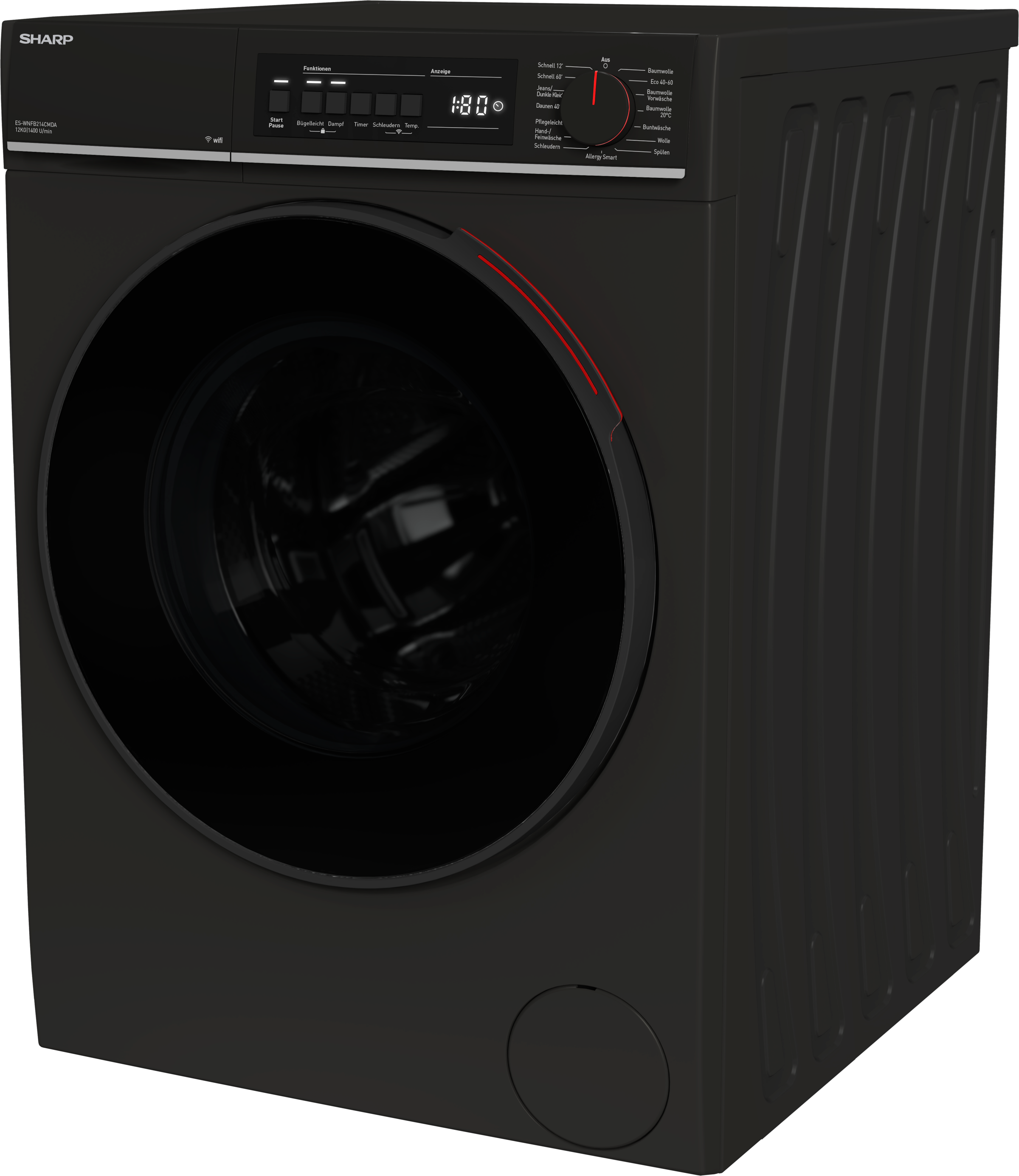 Sharp Waschmaschine Mid Class »ES-WNFB214CMDA-DE« 12 kg 1400 U/min 12kg / +WIFI / A-20% / black Doorring+knob/Steam/
Mat Black