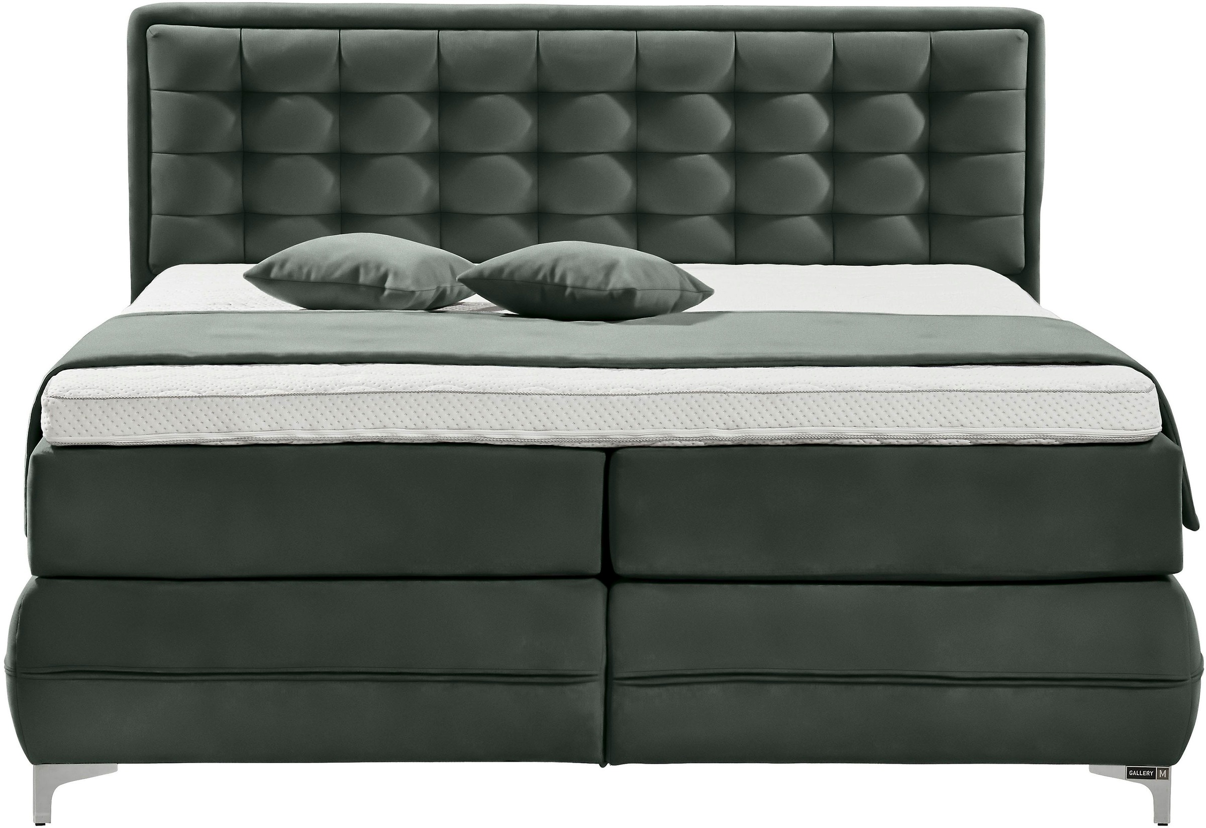 Boxspringbett MUSTERRING "Dubai", schwarz (d 520 anthrazit), B:217cm L:214cm, Komplettbetten, Boxspringbett, Winkelfuß in Chrom, 3 Härtegrade, Kopfteil in Kassettensteppung 3