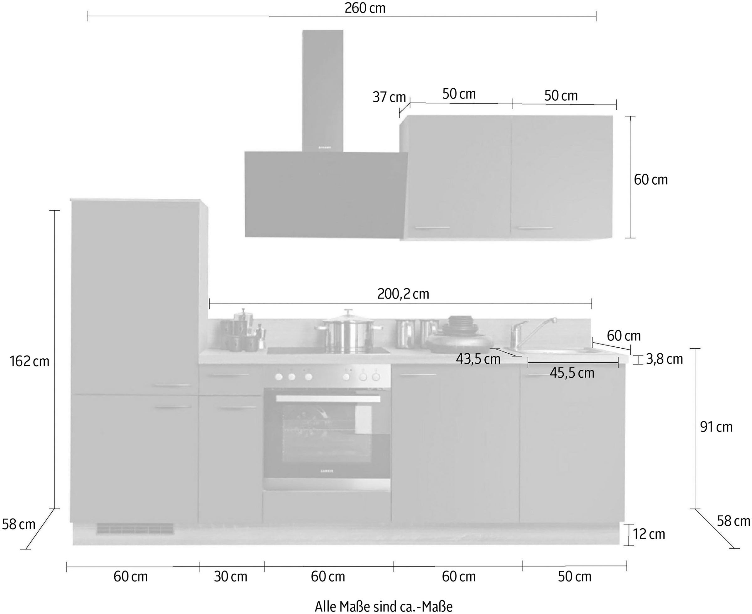 KOCHSTATION Küchenzeile »KS-Scafa, vormontiert, mit höhenverstellbaren Füßen«, vormontiert, wahlweise mit E-Geräten, mit Soft-Close, Breite 260 cm