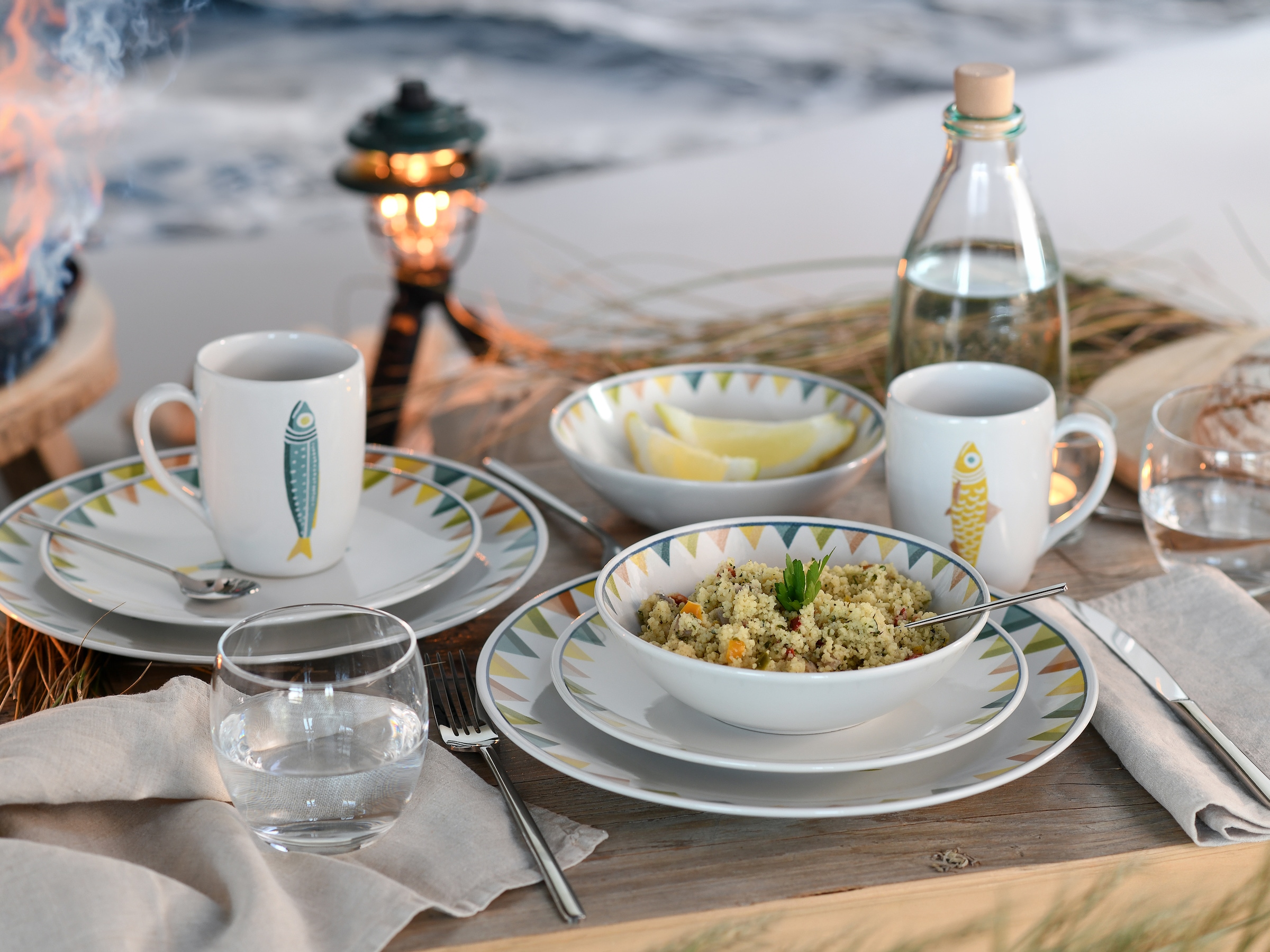 CreaTable Kombiservice »Sardinhas, Geschirr-Set,  8-tlg.« Hochwertiges Steinzeug, Zentrales Sardinen-Motiv