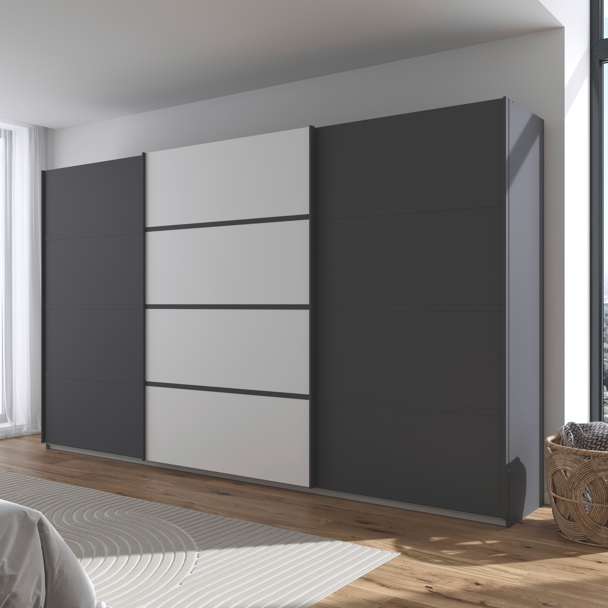 rauch Kleiderschrank »Schwebetürenschrank Garderobe Schrank TOP ANGEBOT Avola«, (in 3 verschiedenen Ausstattungen BASIC/CLASSIC/PREMIUM), mit eleganten Zierleisten in Chrom, Schwarz oder Weiß MADE IN GERMANY