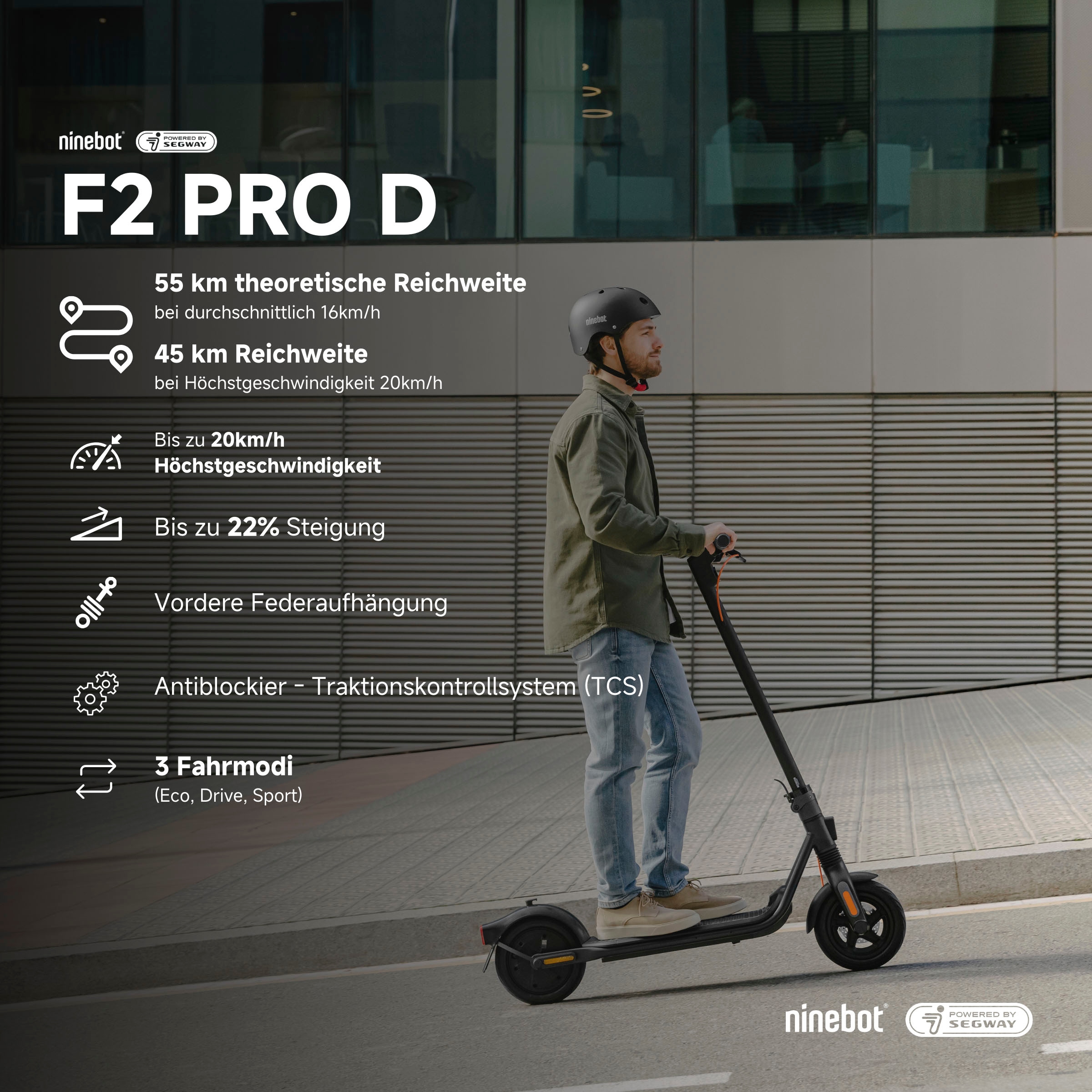 ninebot by Segway E-Scooter »KickScooter F2 PRO D«, mit Straßenzulassung, bis zu 55 km Reichweite, klappbar