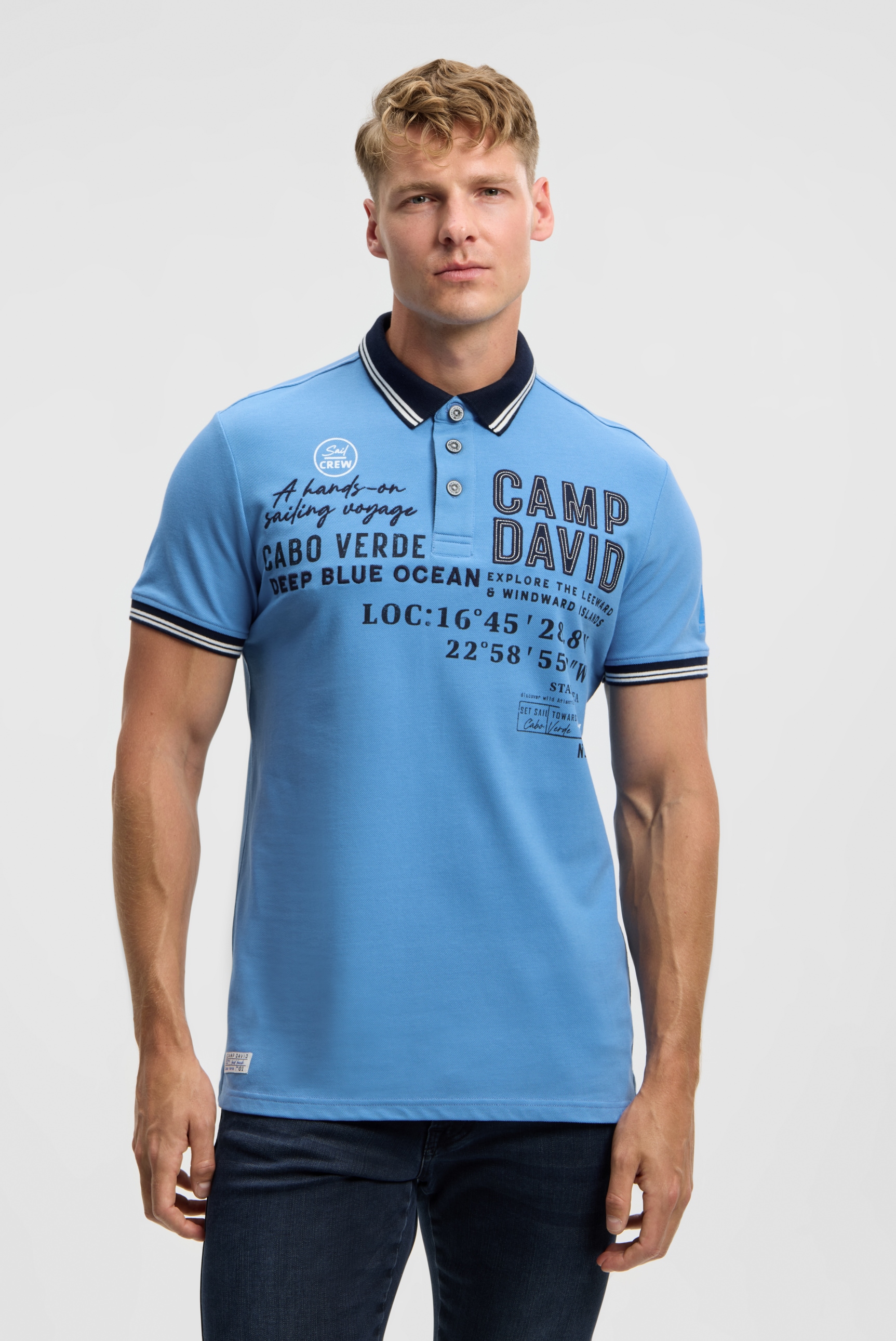 Poloshirt CAMP DAVID, Herren, Gr. 3XL, electric sky, Piqué, Material: 100% Baumwolle, bedruckt, bestickt, regular fit normal, hoch geschlossener Ausschnitt, eingesetzt Bündchen, Shirts, mit Seitenschlitze