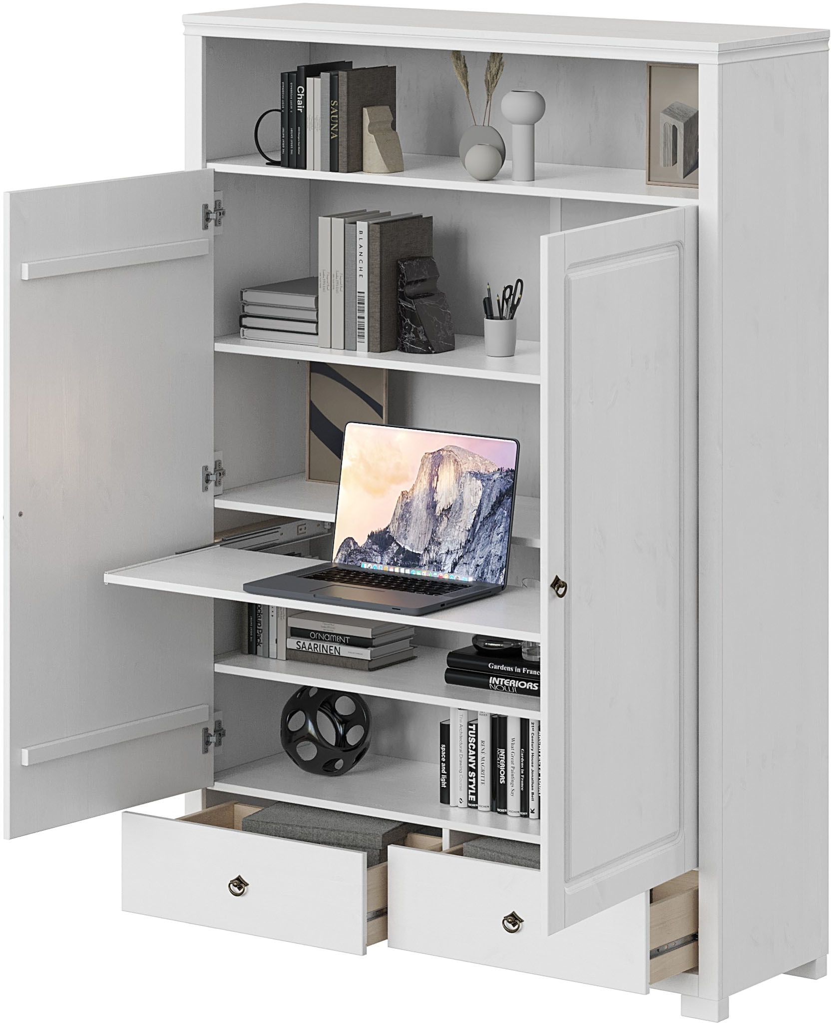OTTO home Wäscheschrank »Clarius, Neuheit! Smarter ALLESKÖNNER, Mehrzweckschrank, Büroschrank«, (H/B/T ca. 178,4/124/40cm), mit Ausziehregal, Schublade, stabil + langlebig, Massivholz made in EU