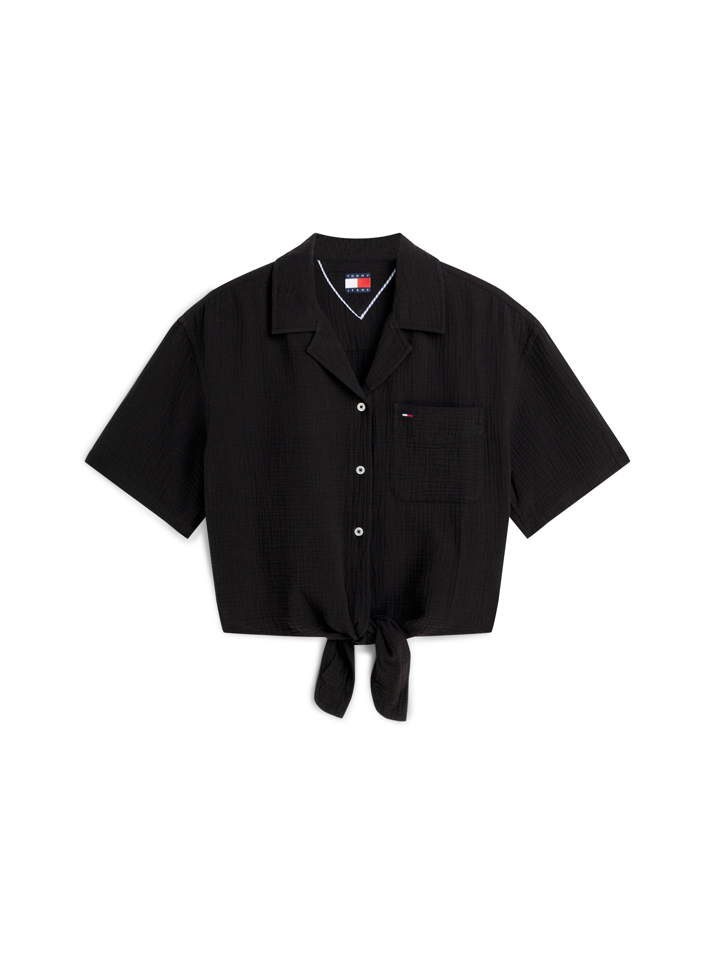 Tommy Jeans Kurzarmbluse "TJW TEXTURED TIE FRONT SS SHIRT" Baumwolle, Brusttasche, Saum zum Knoten