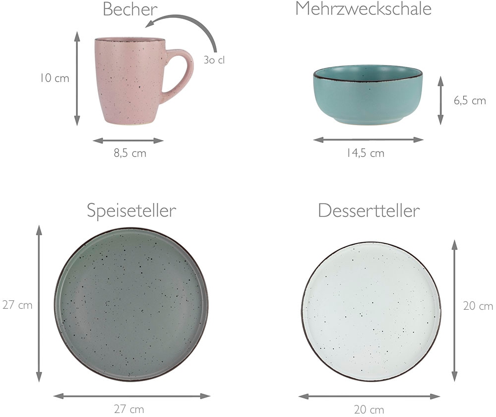 CreaTable Kombiservice »Geschirr-Set Modern Fashion«, (Set, 16 tlg., Kaffeeservice und Tafelservice im Set, für 4 Personen), Service, unregelmäßige Sprenkel, 16 Teile, für 4 Personen