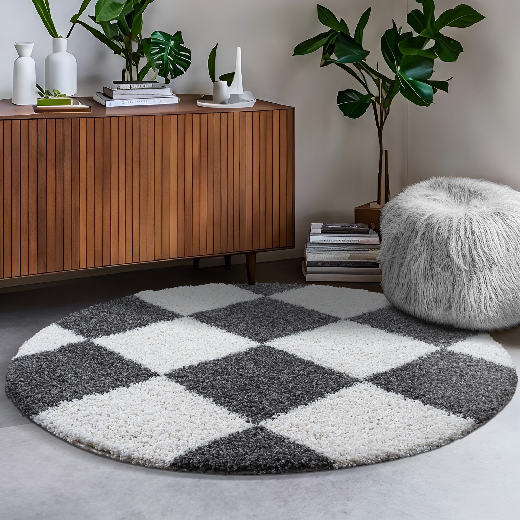Sanat "Milano 1250, auch als Läufer und in Rund" rund 30 mm Höhe Hochflor, Shaggy, Karo, Wohnzimmer, Schlafzimmer