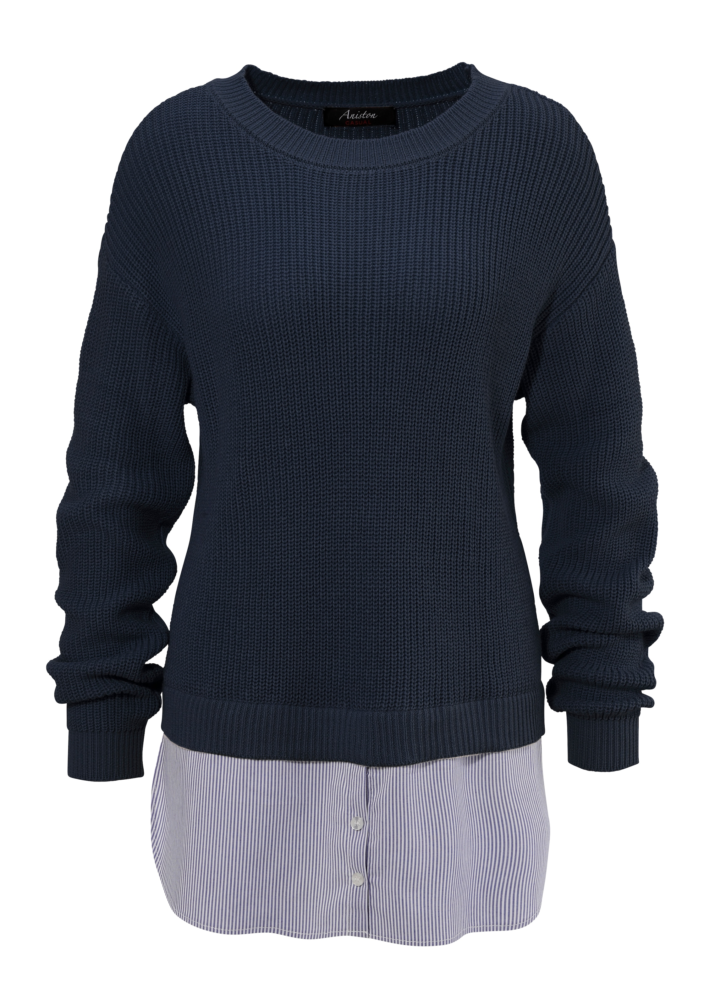 Aniston CASUAL Strickpullover, mit gestreiftem Bluseneinsatz am Saum - NEUE KOLLEKTION