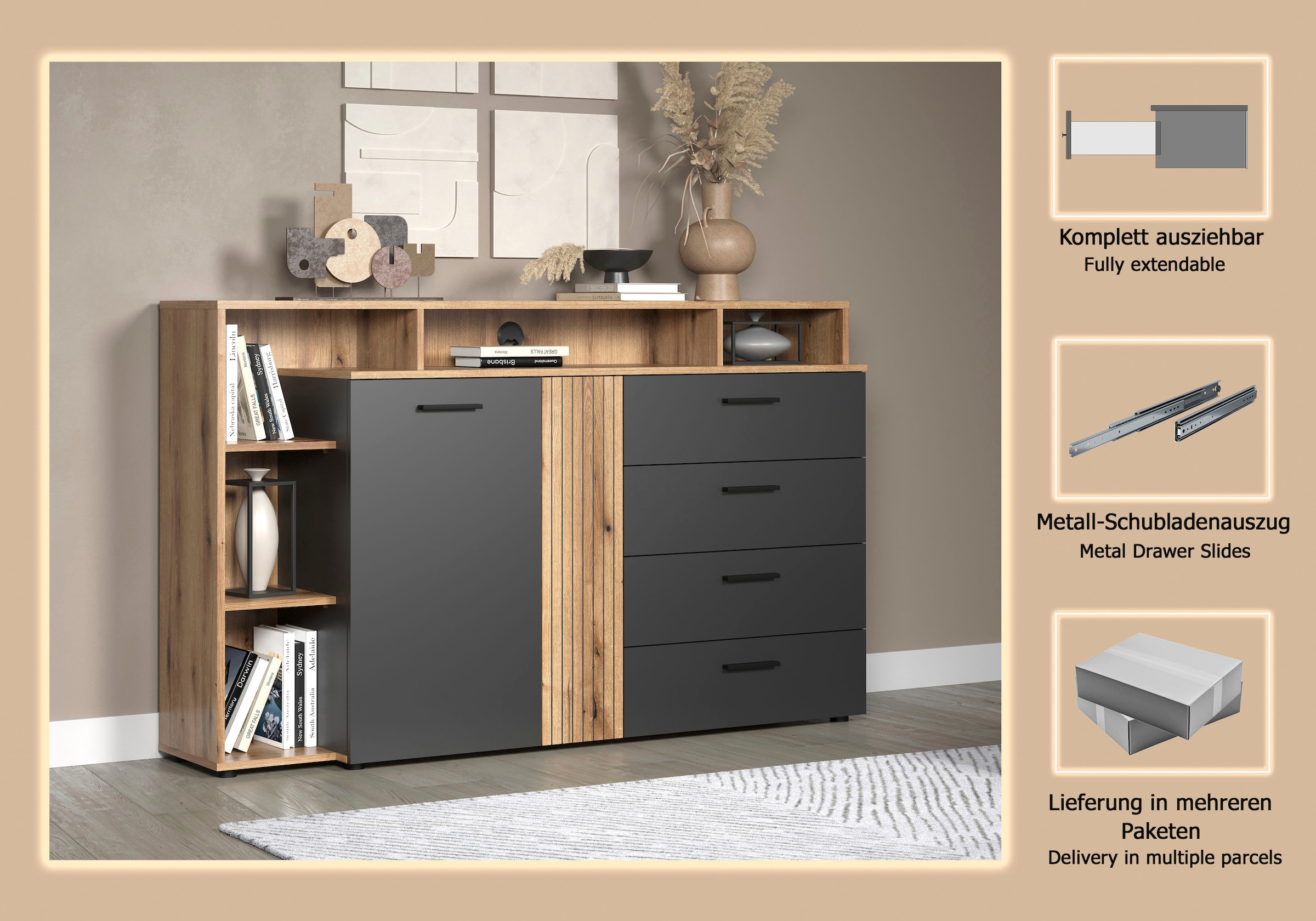 INOSIGN Lowboard »Estepona« 1 Stk. tlg. TV Kommode mit 2 Türen & 4 Schubladen Vollauszug (B/T/H) 168/38/101 cm