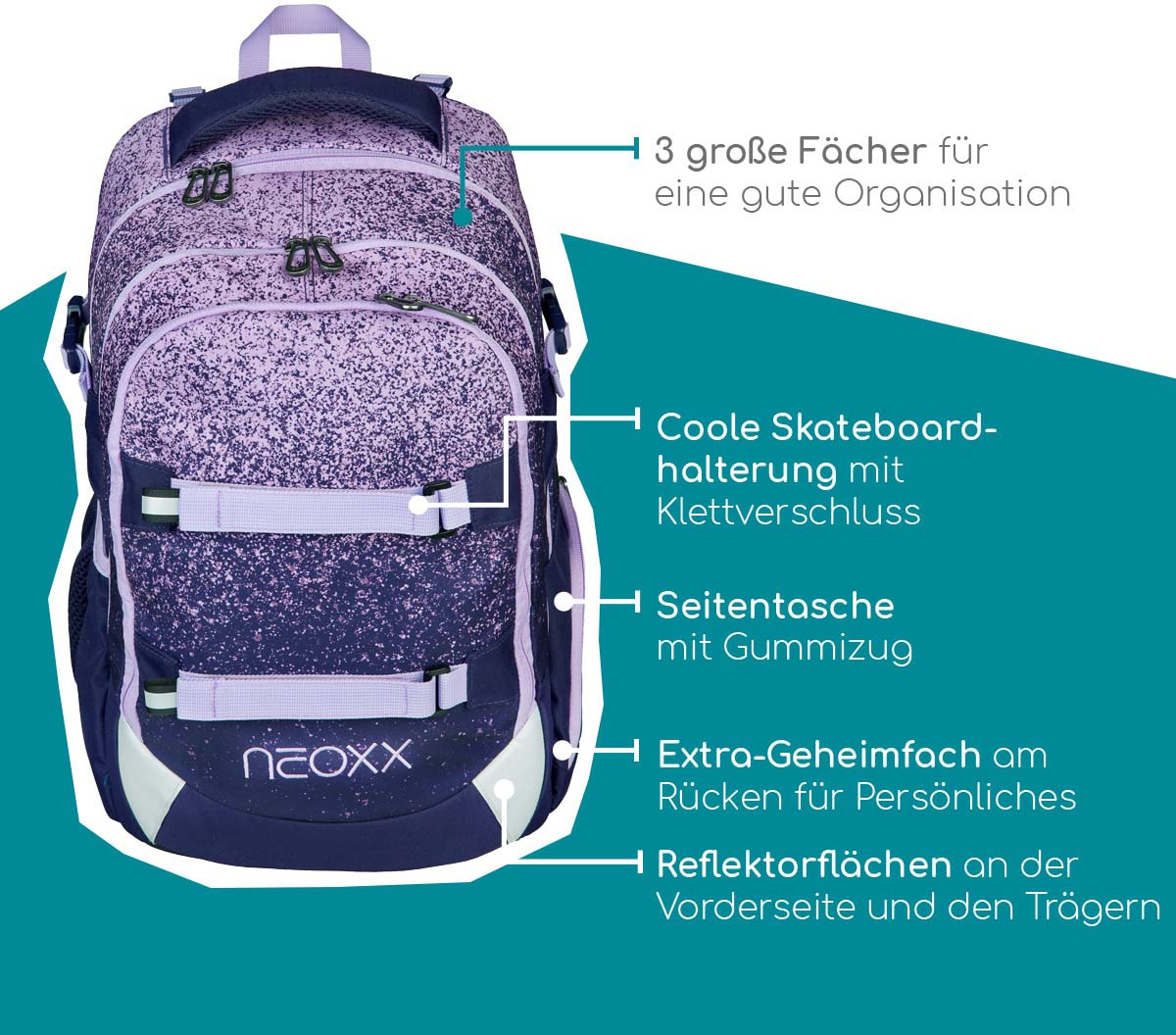 neoxx Schulrucksack »Active, aus perfect«, recycelten BAUR Details, PET-Flaschen | Glitterally reflektierende