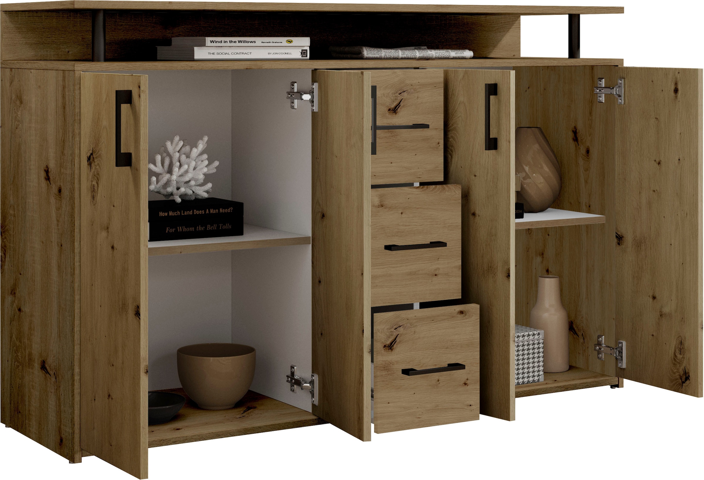 HBZ Sideboard »Drivno Sideboard, B/H/T 139x90x34 cm« 1 Stk. tlg. Breite 139cm, Kugelauszug, Einlegeböden verstellbar, 3 Schubkästen