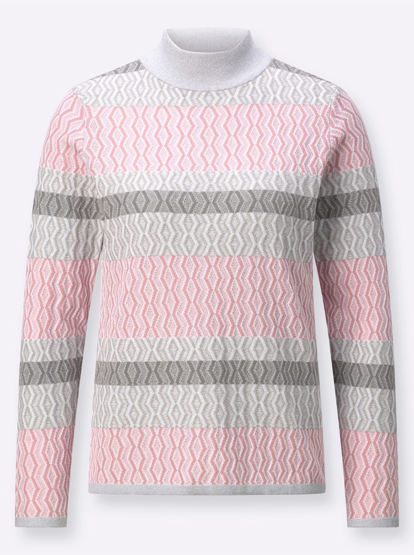 Stehkragenpullover CLASSIC "Stehkragen-Pullover", Damen, Gr. 46, rosa (hortensie, hellgrau, gemustert), 58% Baumwolle, 39% Polyester, 3% metallisierte Fasern, gemustert, mehrfarbig, Pullover Stehkragenpullover 3