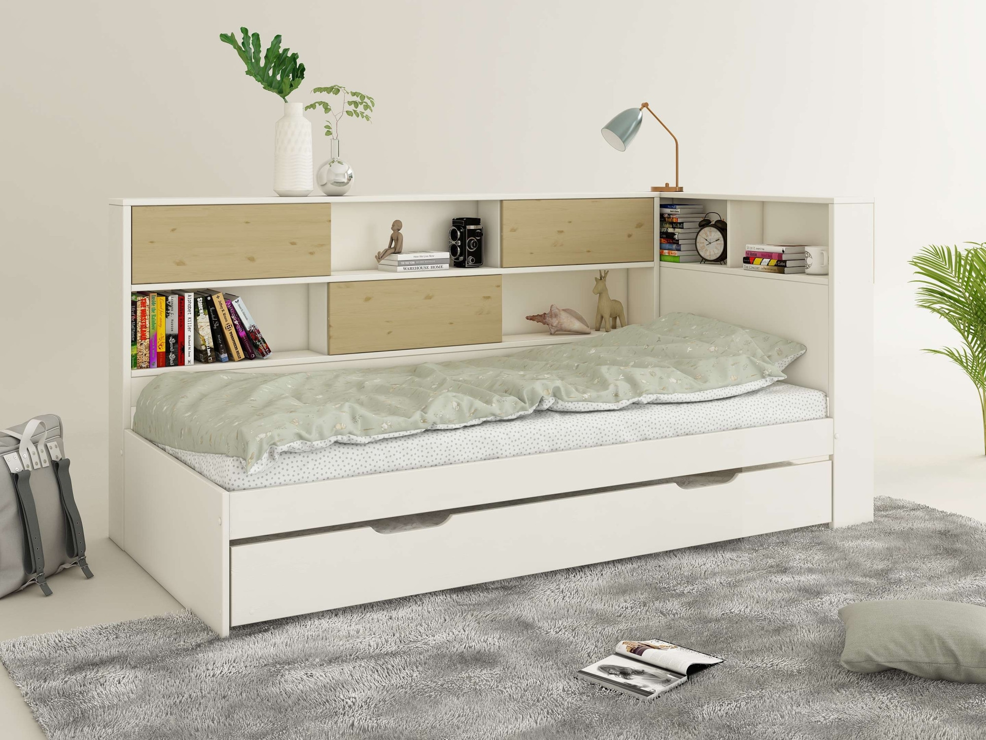 Home affaire Stauraumbett »Amance, Massivholz mit MDF, viel Stauraum, ideal für kleine Räume«, (Außenmaße B/T/H: 110,2/220,1/106,9 cm), FSC® zertifiziert, inklusive Lattenrost, Made in EU