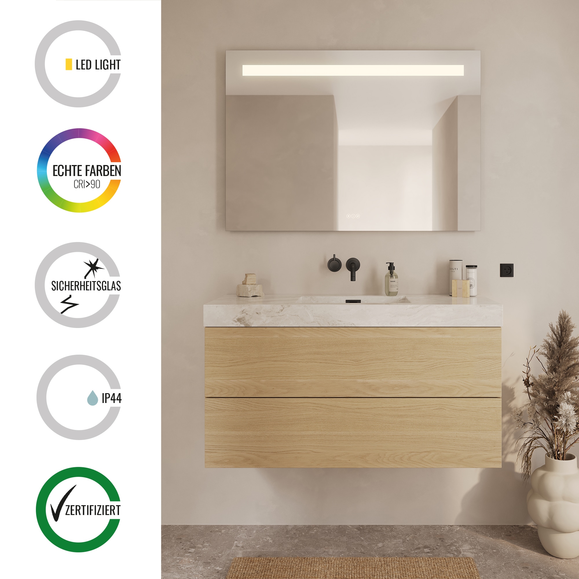 Loevschall Badspiegel »Lökken Quadratisch, Badzimmerspiegel mit LED Beleuchtung, Lichtspiegel«, Touchpanel für Lichtsteuerung, Verstellbarer Spiegel, Dänisches Design