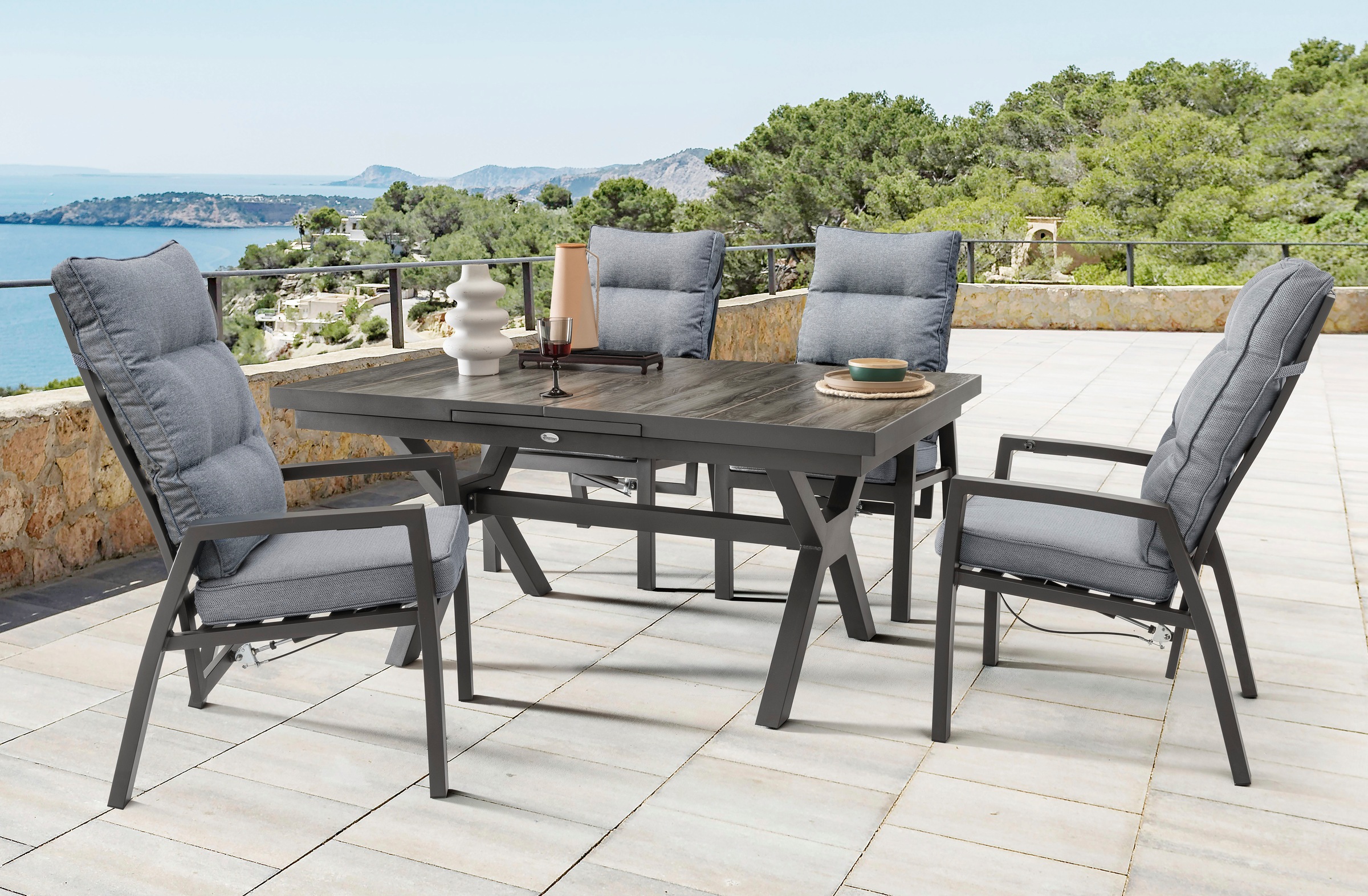 Destiny Garten-Essgruppe "GARDA 4 HL + Ausziehtisch 160/210x100cm, anthrazit" Set, 9 Stk. tlg. Aluminium, Keramikplatten