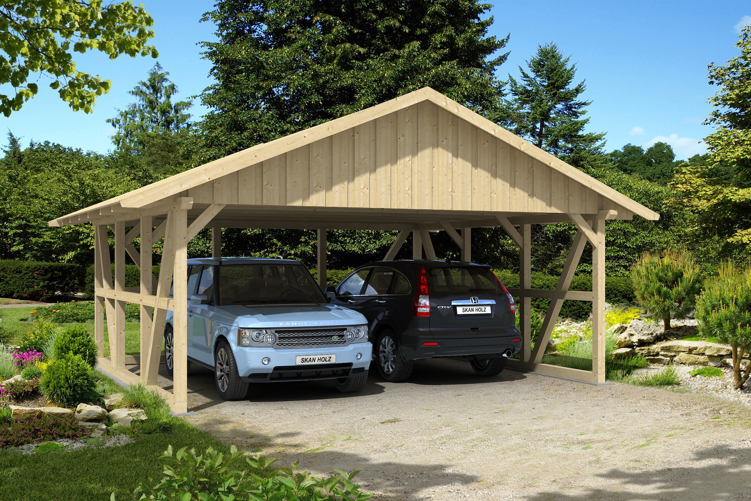Skanholz Doppelcarport »Schwarzwald«, KVH-Fichte, 560 cm, Natur, mit Rückwand, mit Dachschalung