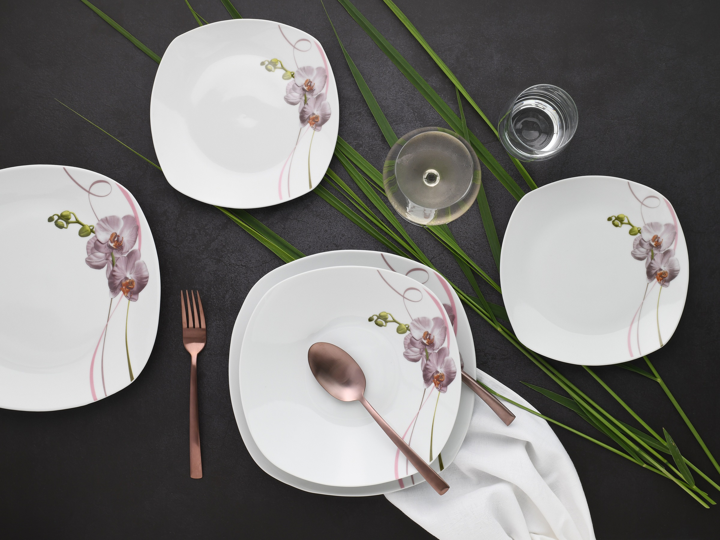 CreaTable Teller-Set »Square Orchidee, Tellerset 18-tlg«, (Set, 18 tlg.), Fotorealistische Darstellung