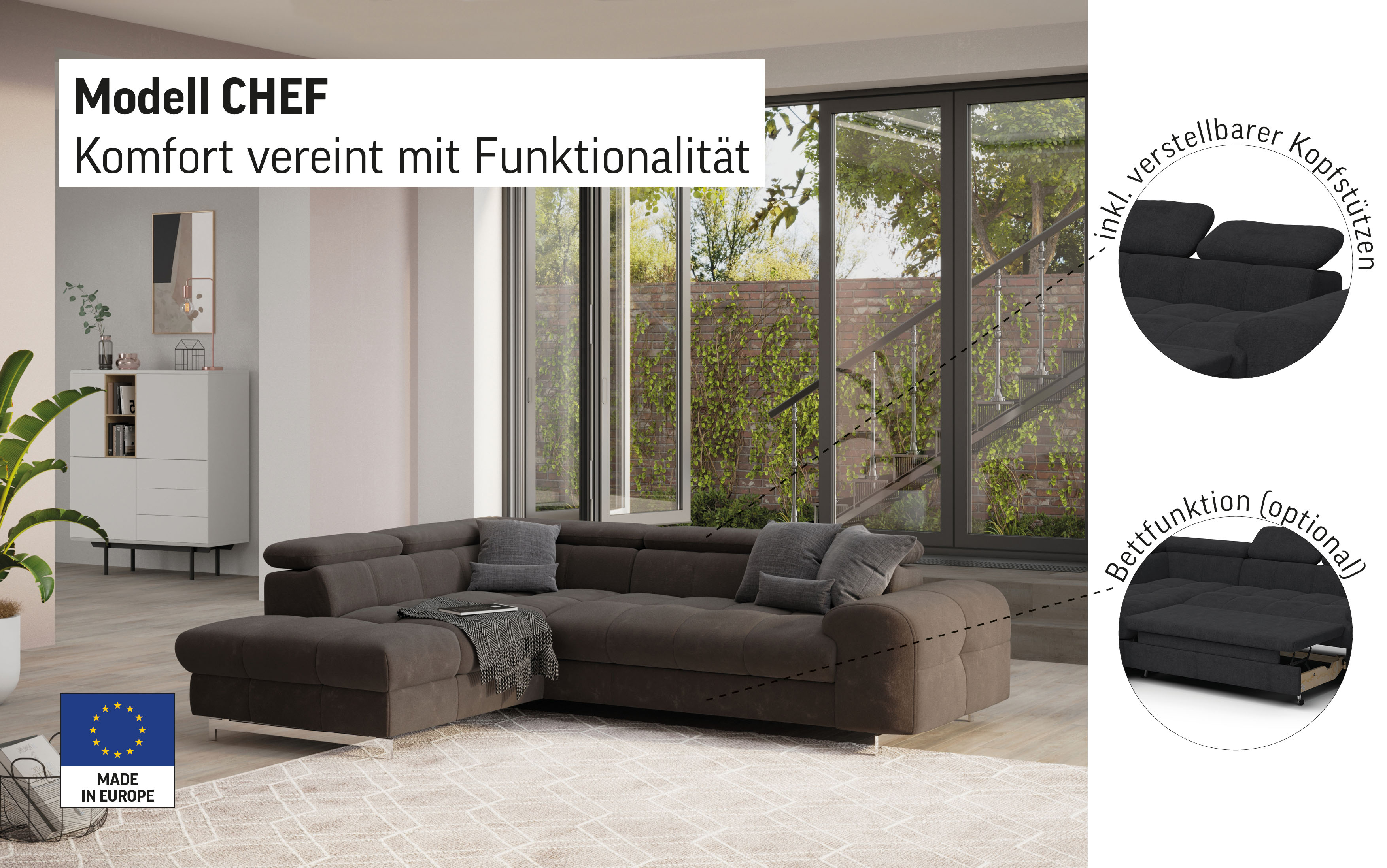 Thumbnail - COTTA Ecksofa "Chef L-Form", mit Kopfteilverstellung, edle Metallkufen, wahlweise mit Bettfunktion