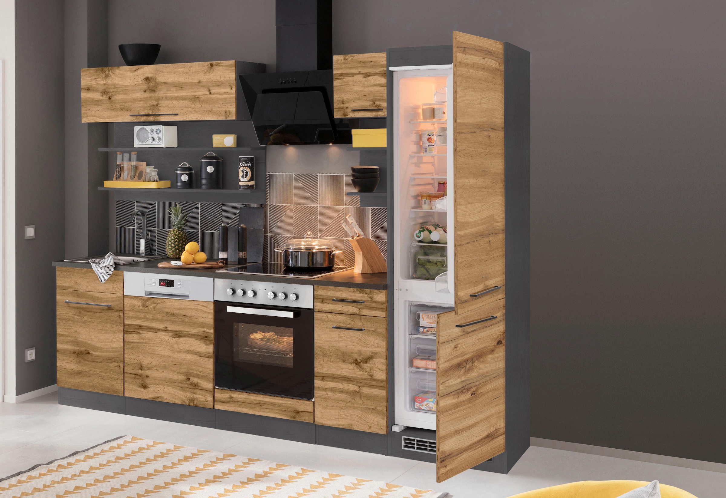 KOCHSTATION Küchenzeile »KS-Tulsa«, mit E-Geräten, Breite 270 cm, schwarze Metallgriffe, MDF Fronten