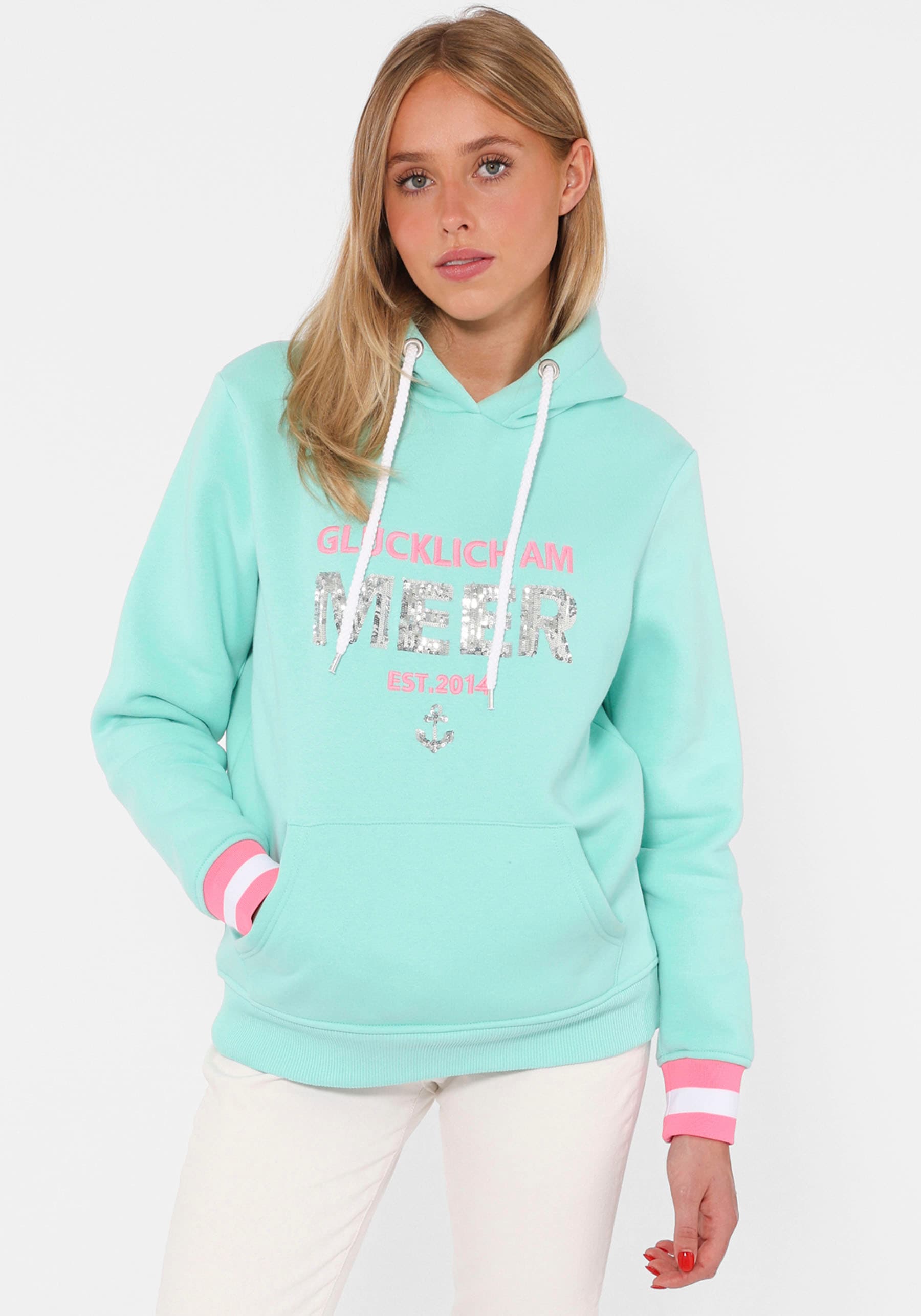 Hoodie »"Glücklich am Meer"«, mit Pailletten, Kapuze und kontrastfarbigen Bündchen