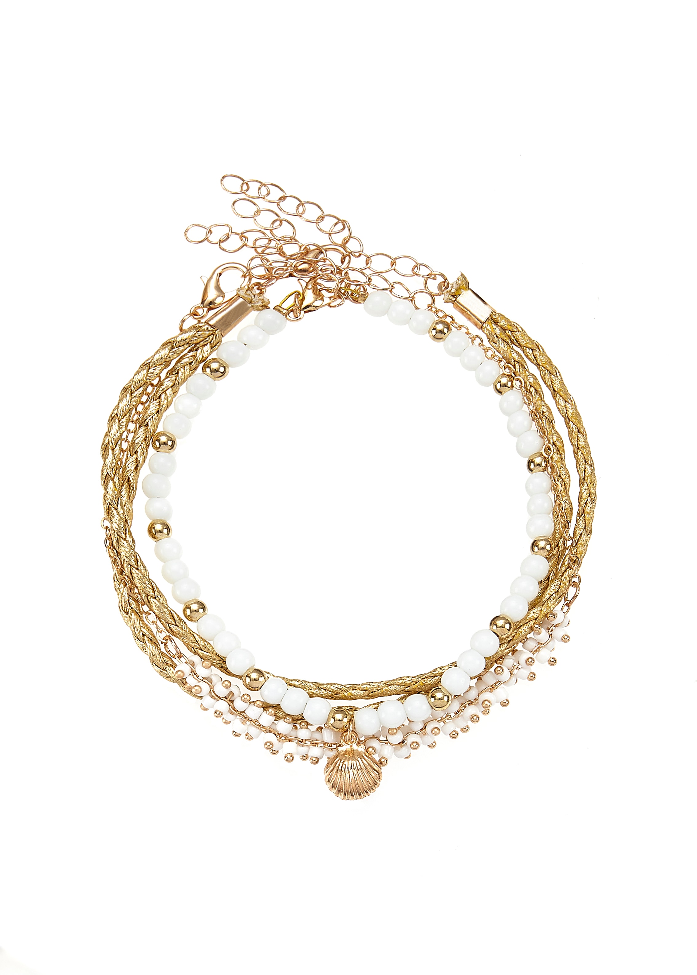 LASCANA Damen Fußketten Set "3 einzelne Fußkettchen in Boho Stil", weiß, bunt, Glas, Lederimitat, Metall, Fußketten, und Glasperlen, Fußkettchen mit