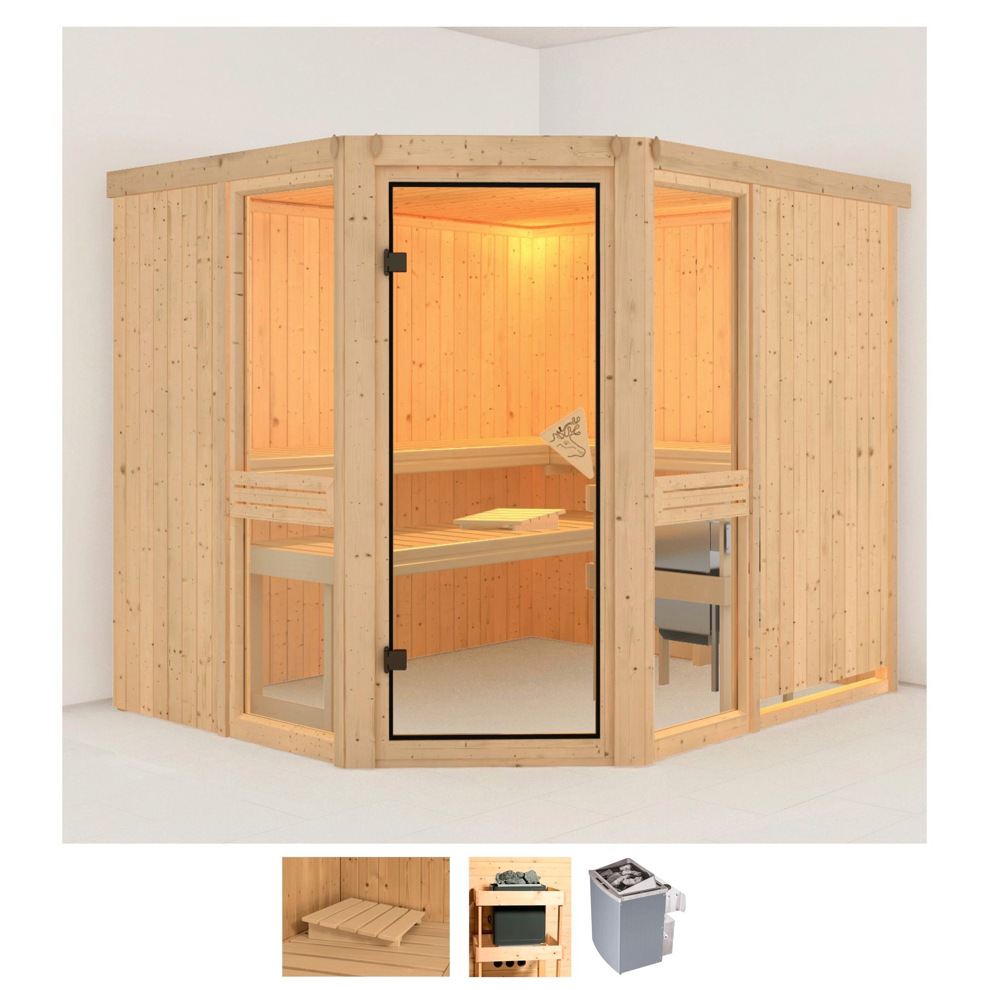 Karibu Sauna "Aline 3" Set, 9-kW-Ofen mit integrierter Steuerung