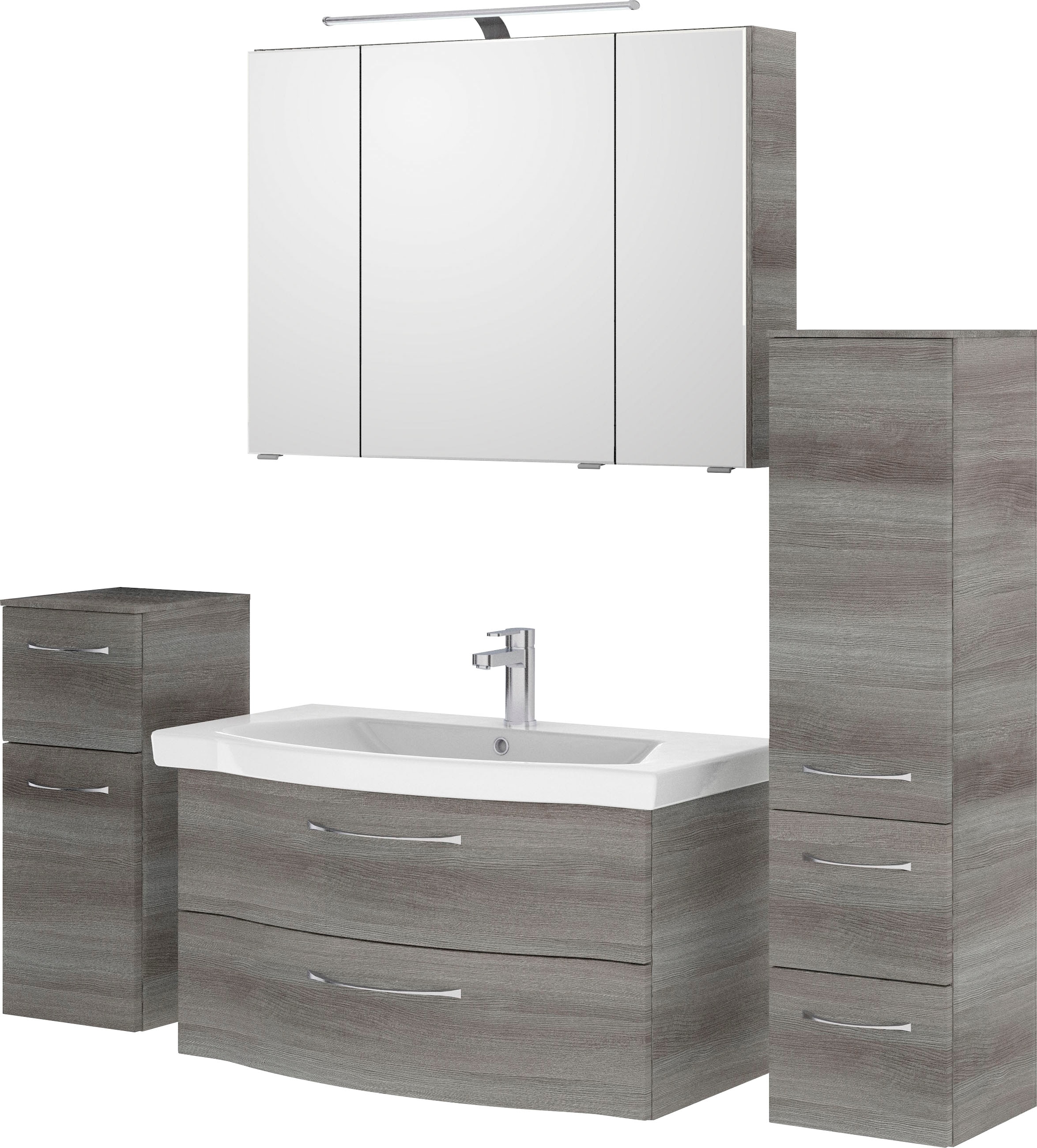 Saphir Badmöbel-Set »6005 Sprint 4-teilig, Keramik-Waschtisch mit LED-Spiegelschrank«, (5 St.), Unterschrank, Midischrank, inkl. Türdämpfer, 5 Türen, 5 Schubladen