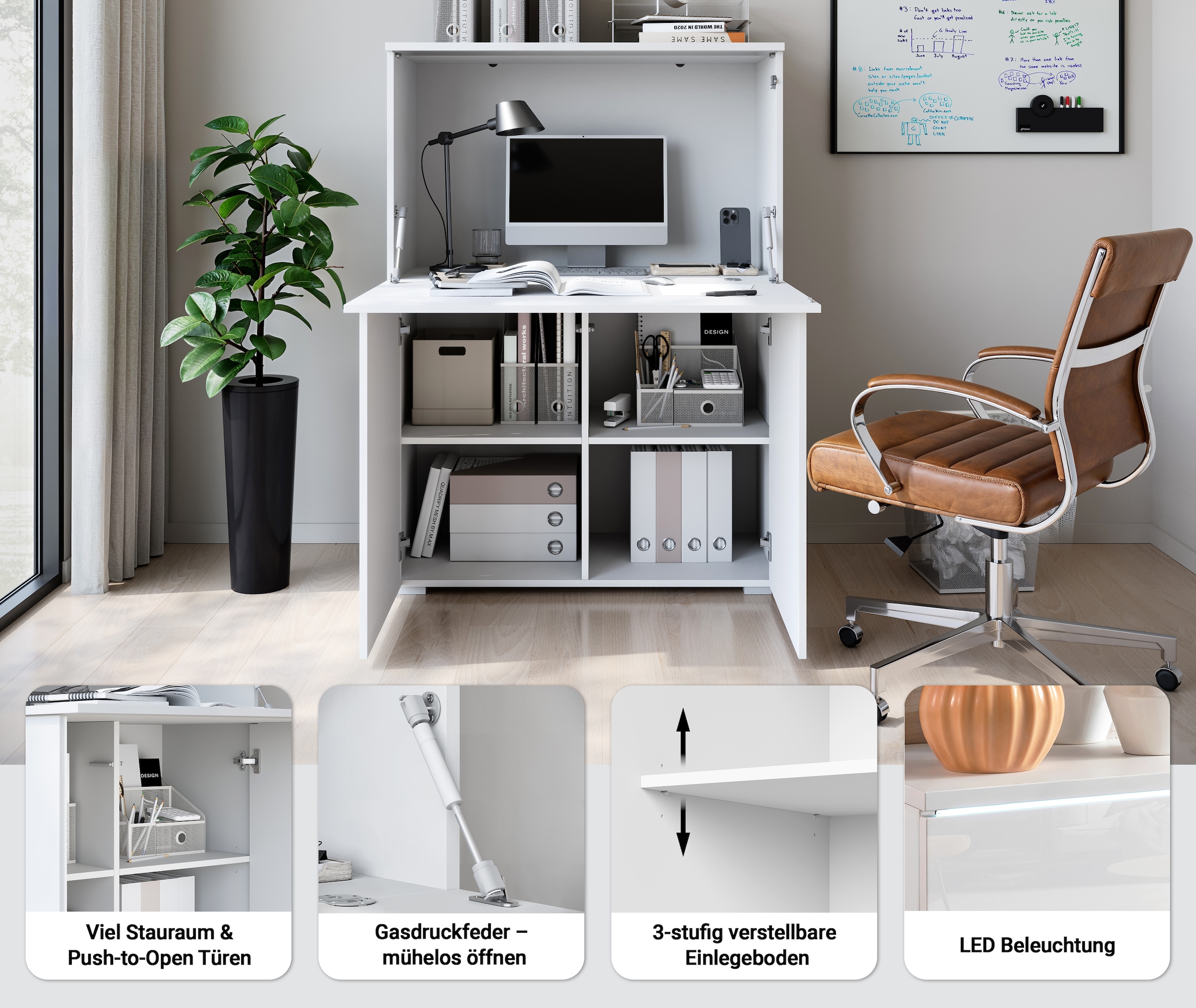 INOSIGN PC-Schrank »Vera, Sekretär, Home-Office-Schreibtisch mit LED-Beleuchtung« 1 Stk. tlg. Multifunktional mit Stauraum, klappbare Tischfläche, LED, B 90 cm