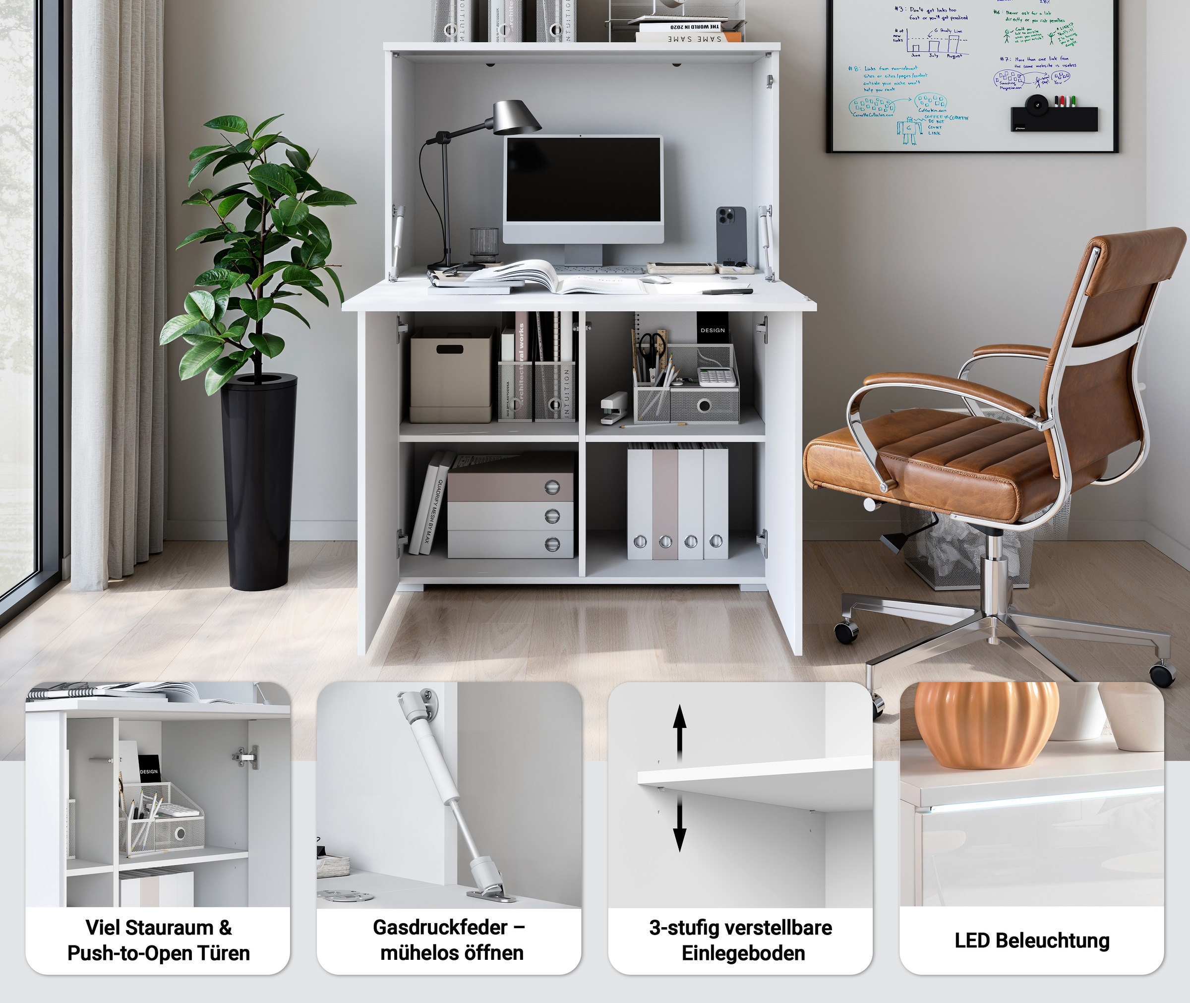 Thumbnail - Home affaire PC-Schrank "Vera, Sekretär, Home-Office-Schreibtisch mit LED-Beleuchtung" 1 Stk. tlg. Multifunktional mit S...