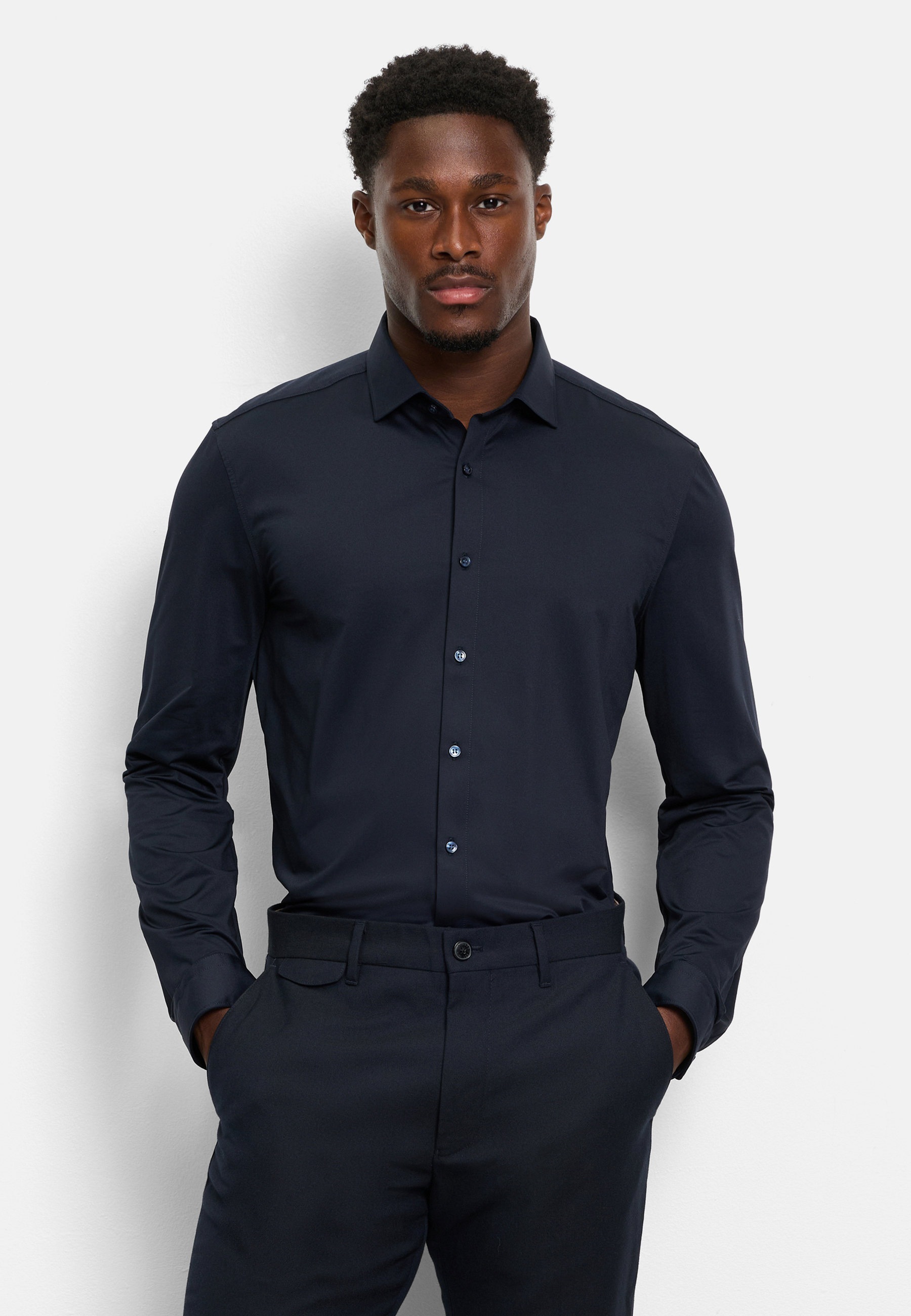 Businesshemd OLYMP "OLYMP No. Six 24/Seven, super slim, Modern Kent", Herren, Gr. 40, Normaler Arm, marine, 86% Polyamid, 14% Elasthan, Hemden